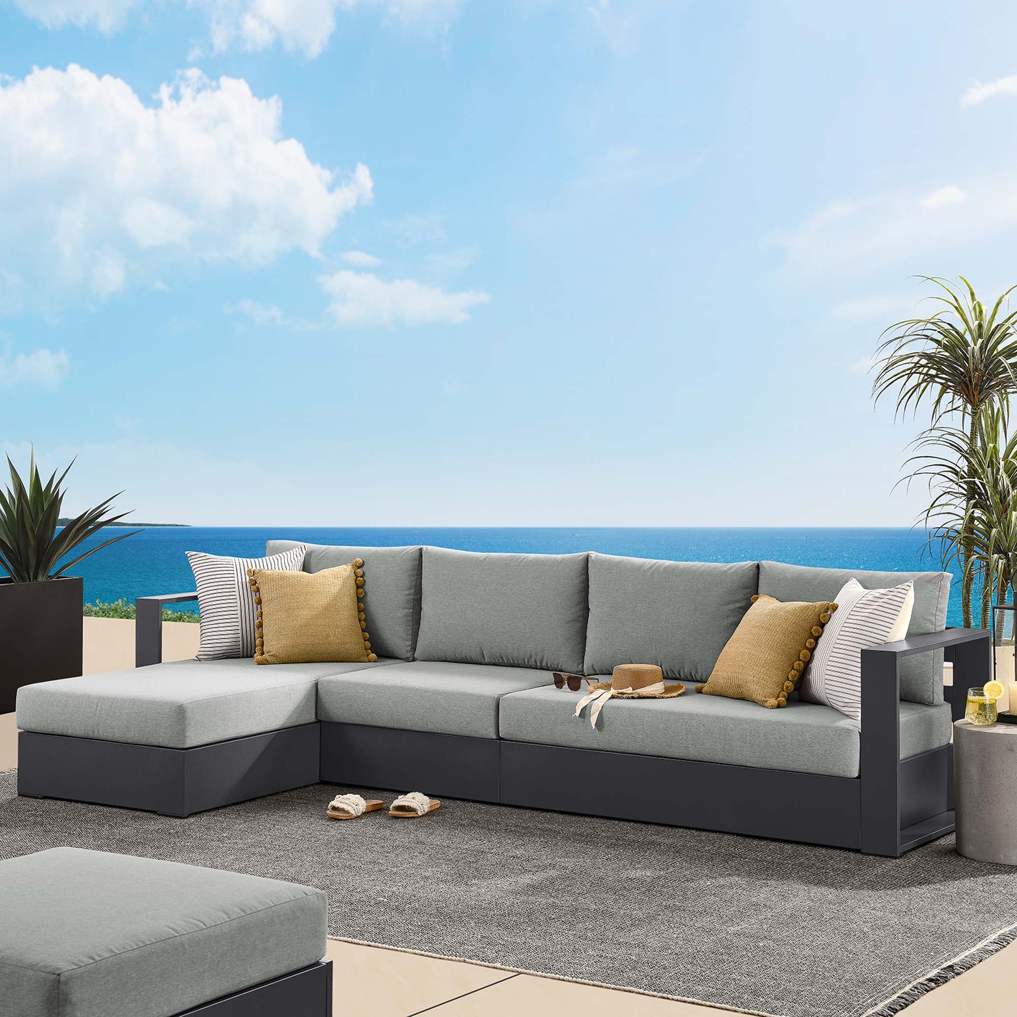 Tahoe 3-Piece Outdoor Patio Powder-Coated Aluminum Left-Facing Chaise Sectional Sofa Set, Gray Gray