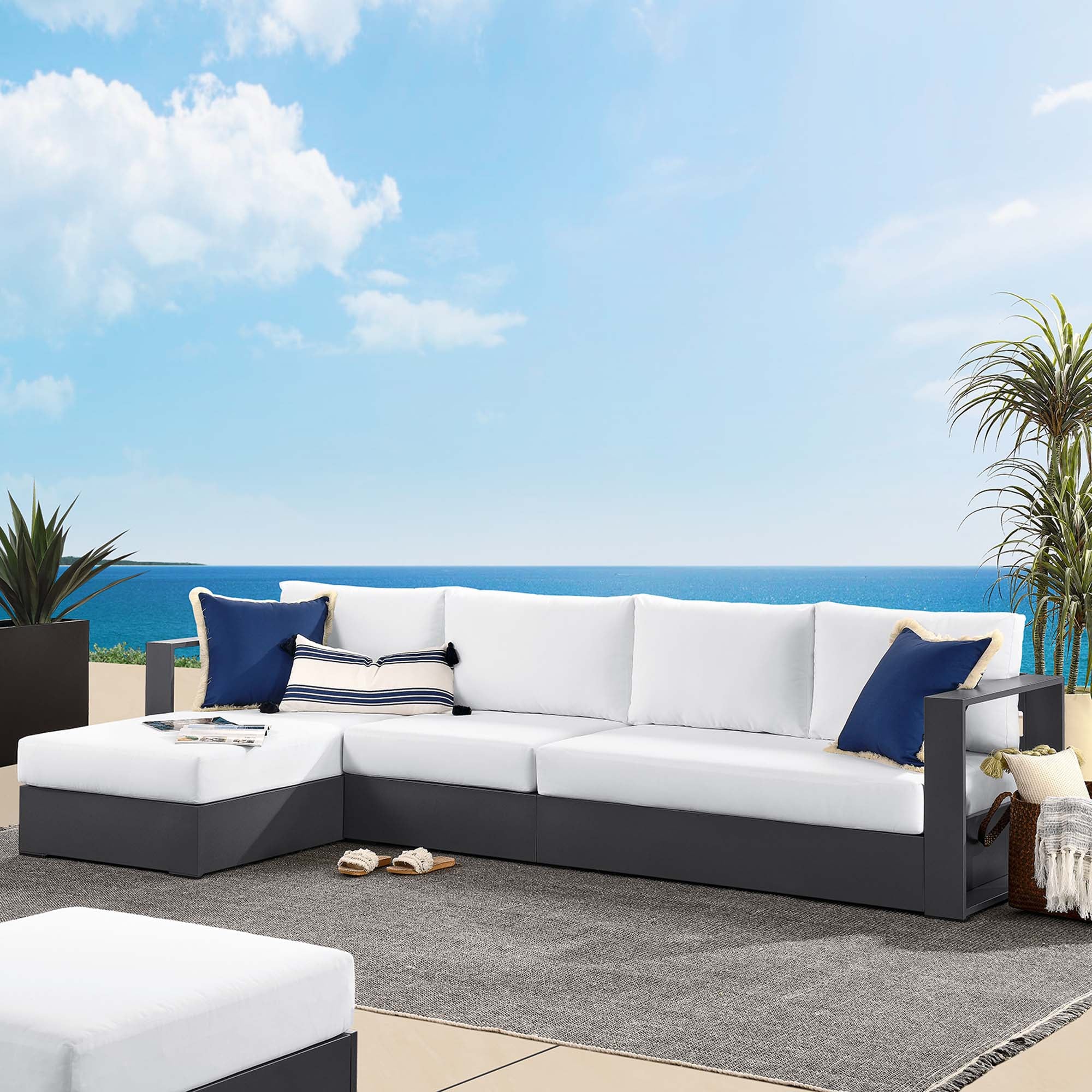 Tahoe 3-Piece Outdoor Patio Powder-Coated Aluminum Left-Facing Chaise Sectional Sofa Set, Gray White