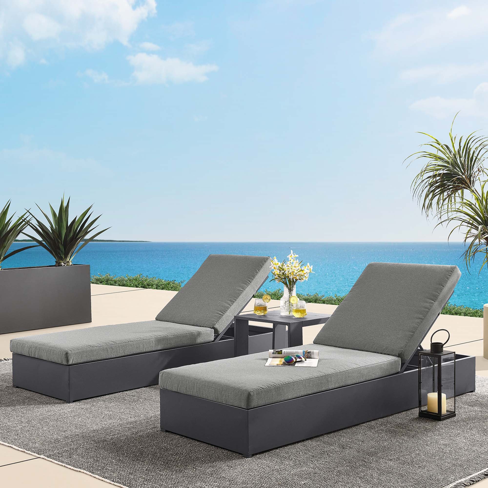 Tahoe 3-Piece Outdoor Patio Powder-Coated Aluminum Chaise Lounge Set, Gray Charcoal