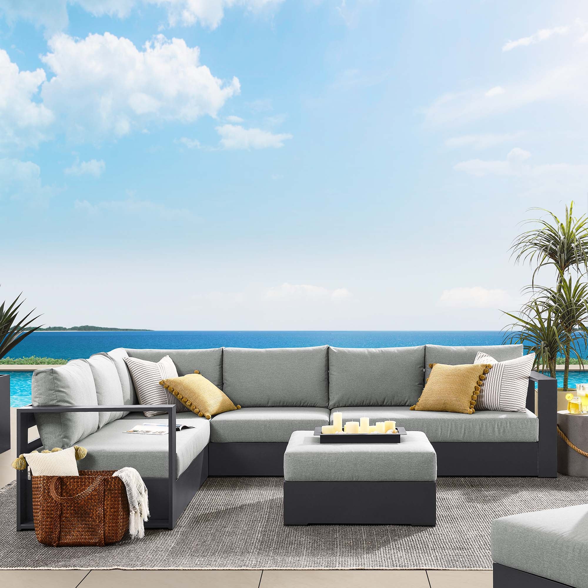 Tahoe 5-Piece Outdoor Patio Powder-Coated Aluminum Sectional Sofa Set, Gray Gray