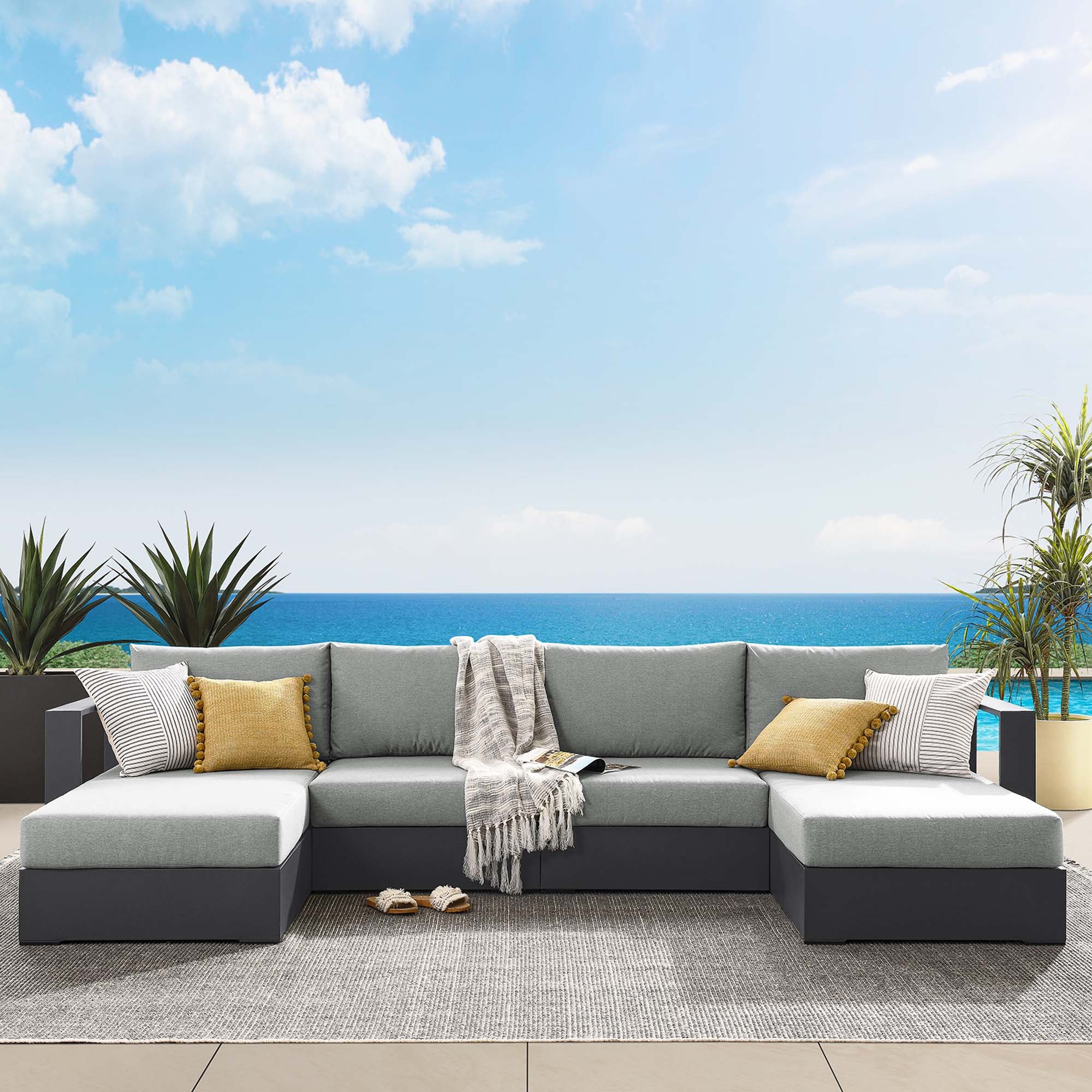 Tahoe 4-Piece Outdoor Patio Powder-Coated Aluminum Sectional Sofa Set, Gray Gray