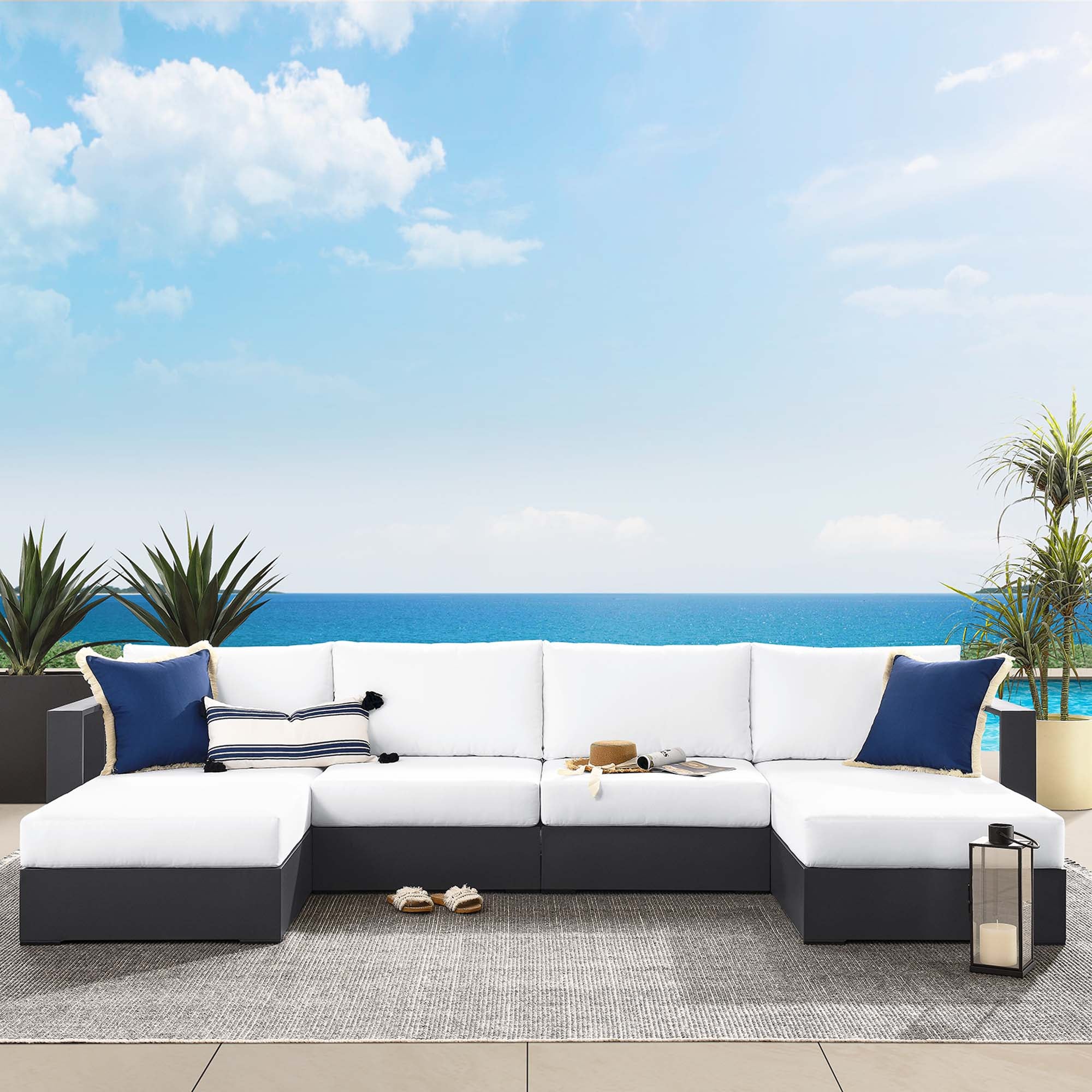 Tahoe 4-Piece Outdoor Patio Powder-Coated Aluminum Sectional Sofa Set, Gray White