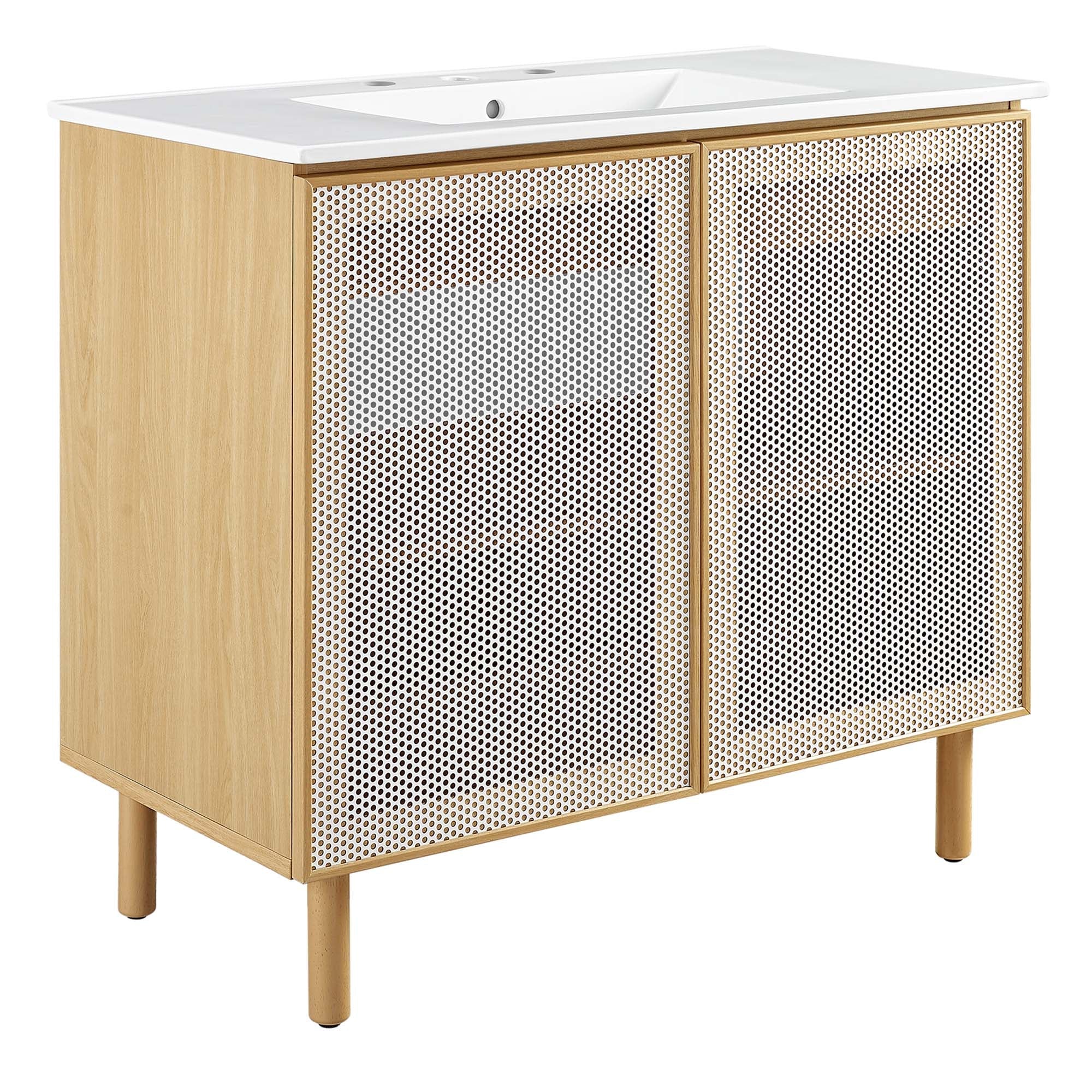 Calla 36" Perforated Metal Bathroom Vanity, White Oak