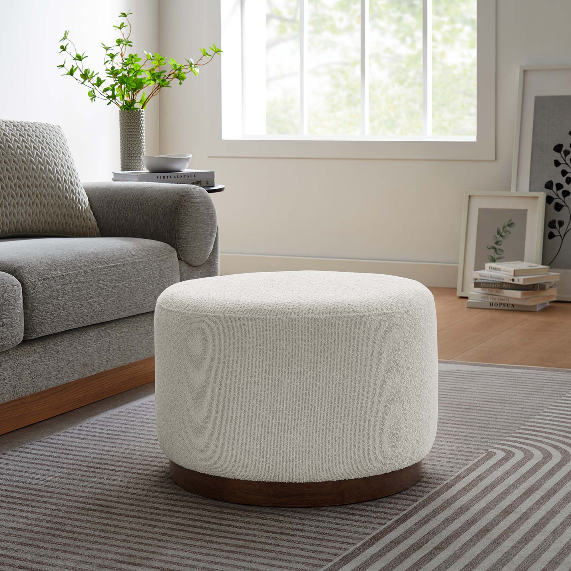 Tilden Large 23" Round Boucle Upholstered Upholstered Ottoman, Cloud Walnut