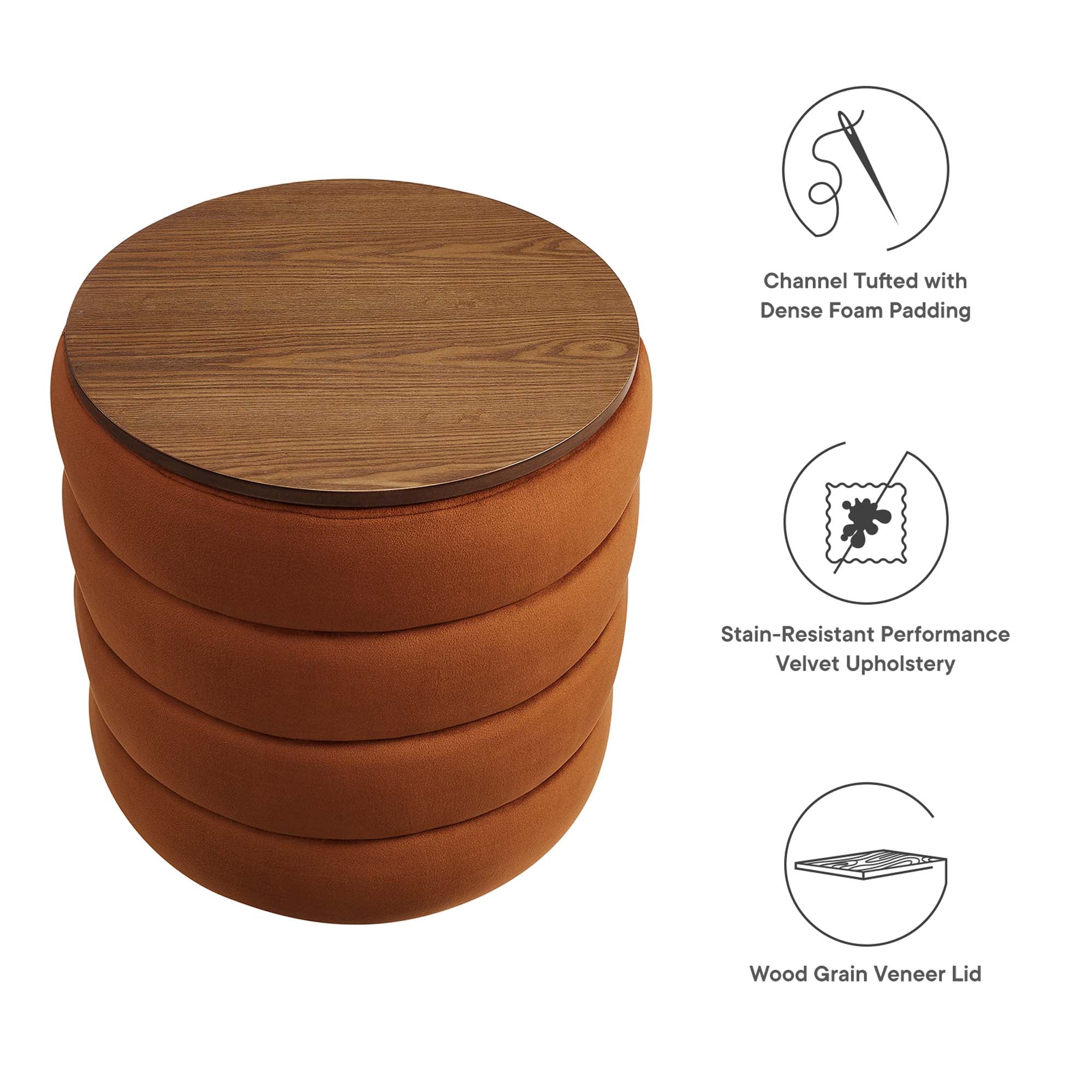 Mezzo Round Performance Velvet Storage Ottoman, Rust