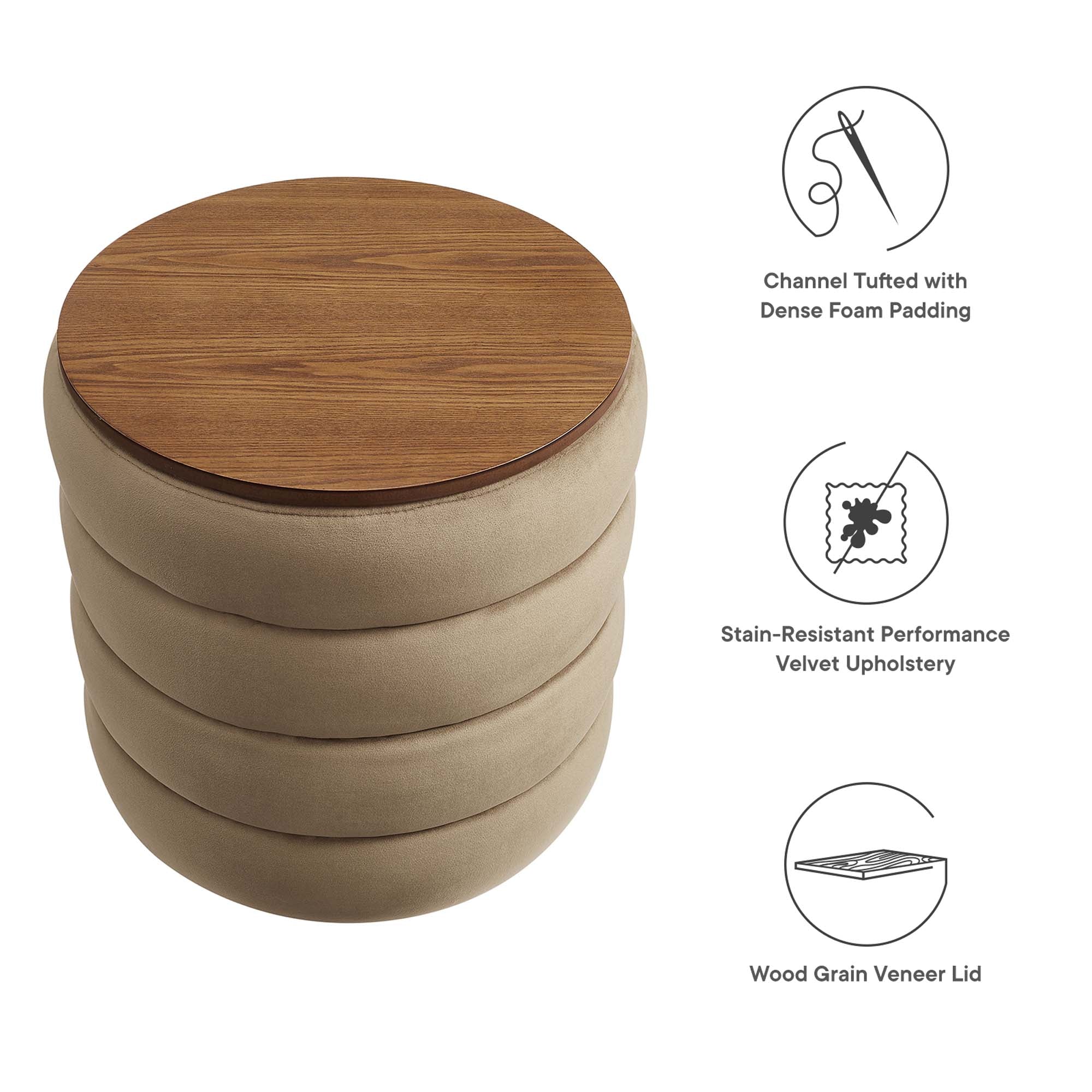 Mezzo Round Performance Velvet Storage Ottoman, Taupe