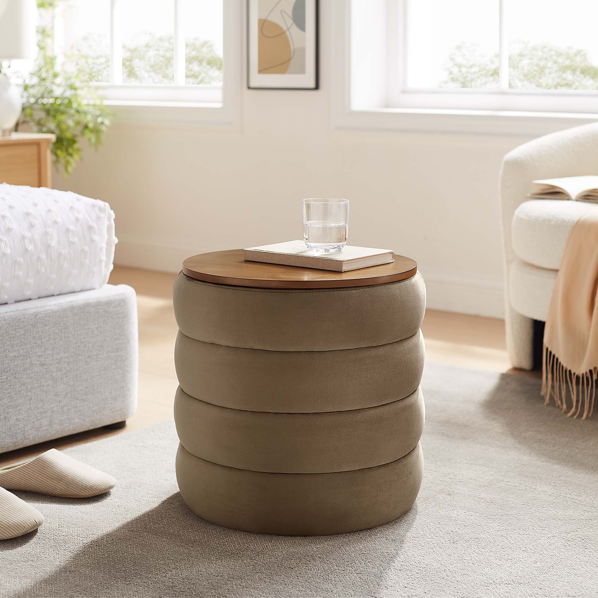 Mezzo Round Performance Velvet Storage Ottoman, Taupe