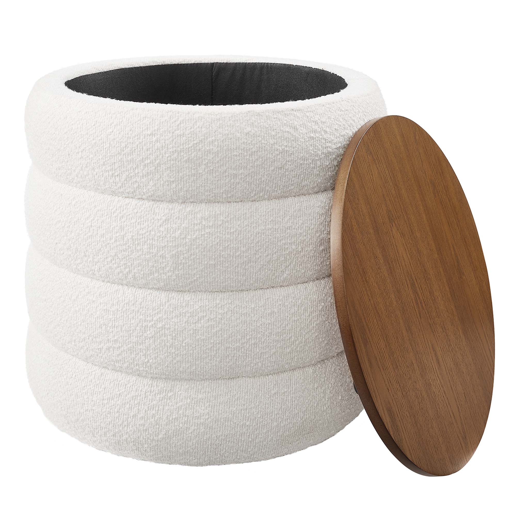 Mezzo Round Boucle Fabric Storage Ottoman, Cloud
