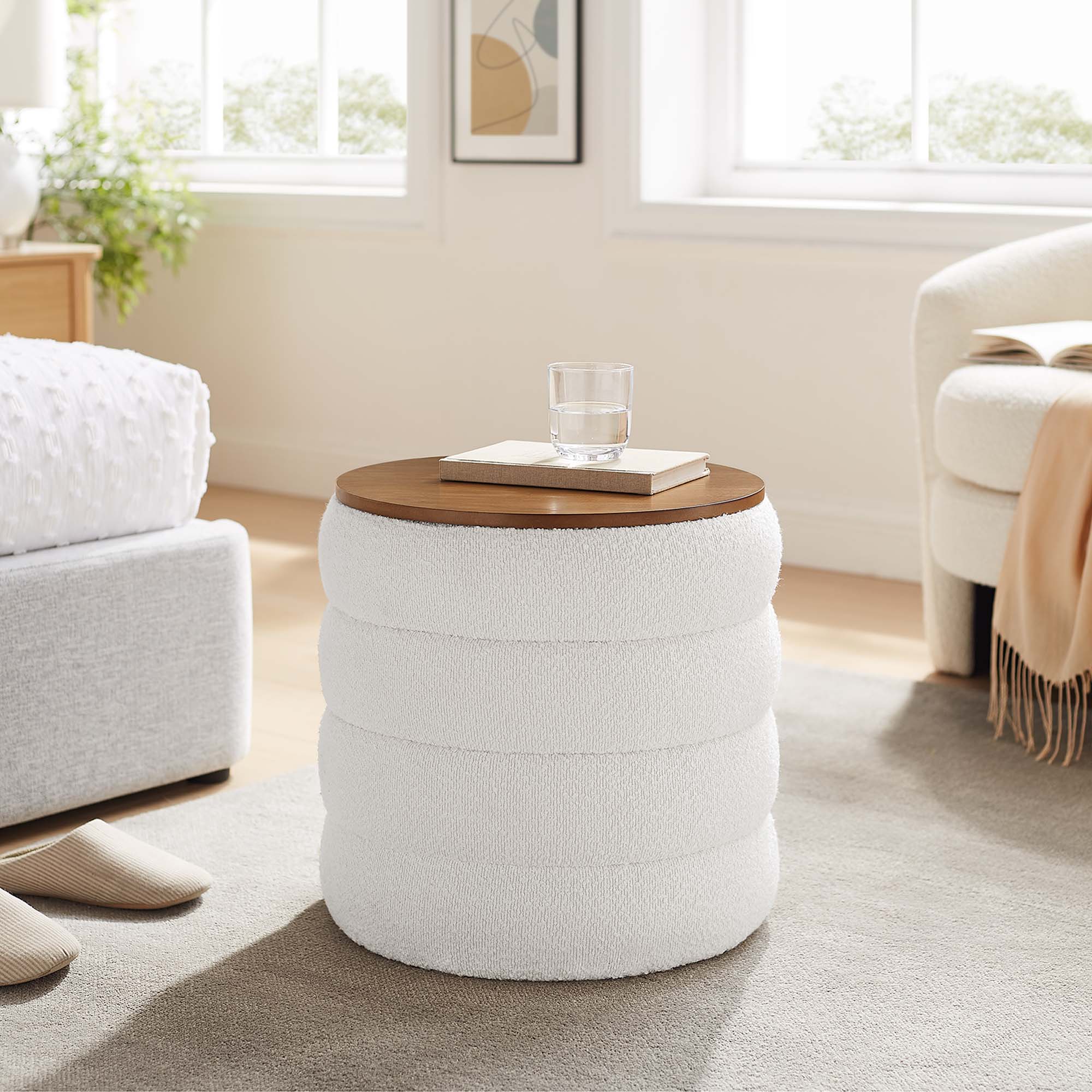 Mezzo Round Boucle Fabric Storage Ottoman, Cloud