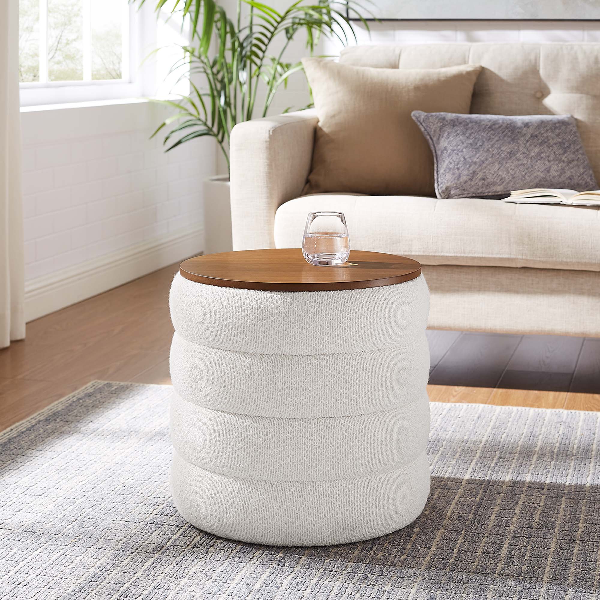 Mezzo Round Boucle Fabric Storage Ottoman, Cloud