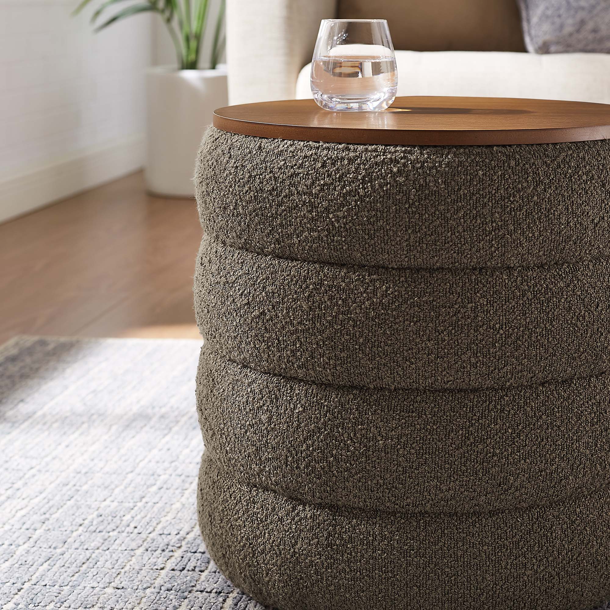 Mezzo Round Boucle Fabric Storage Ottoman, Pebble
