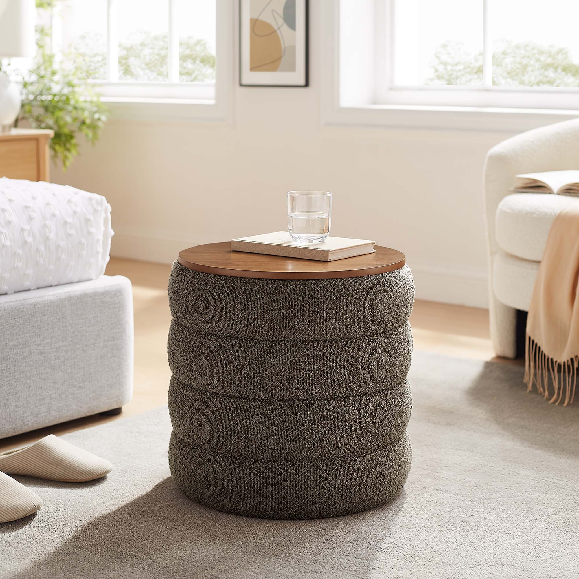 Mezzo Round Boucle Fabric Storage Ottoman, Pebble