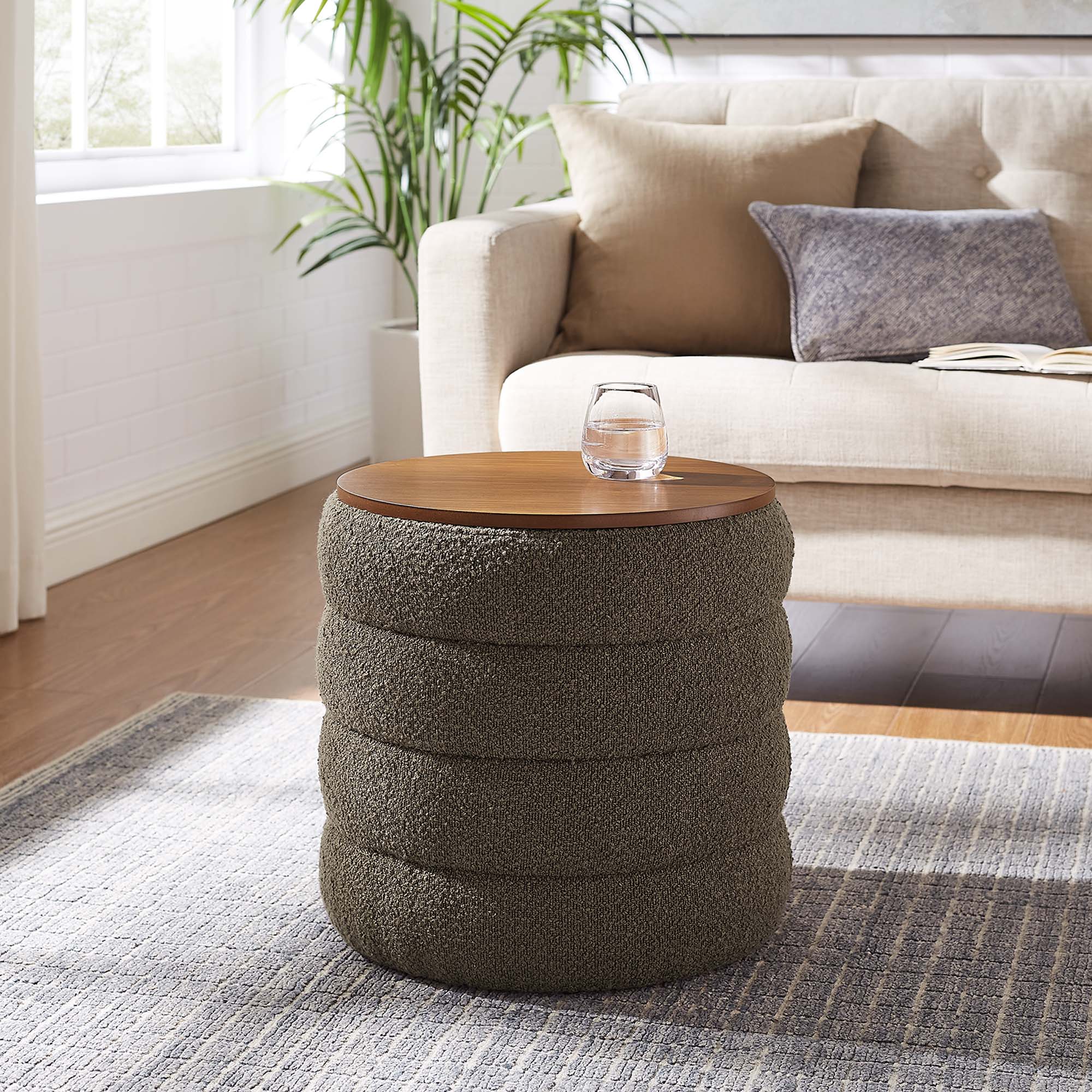 Mezzo Round Boucle Fabric Storage Ottoman, Pebble