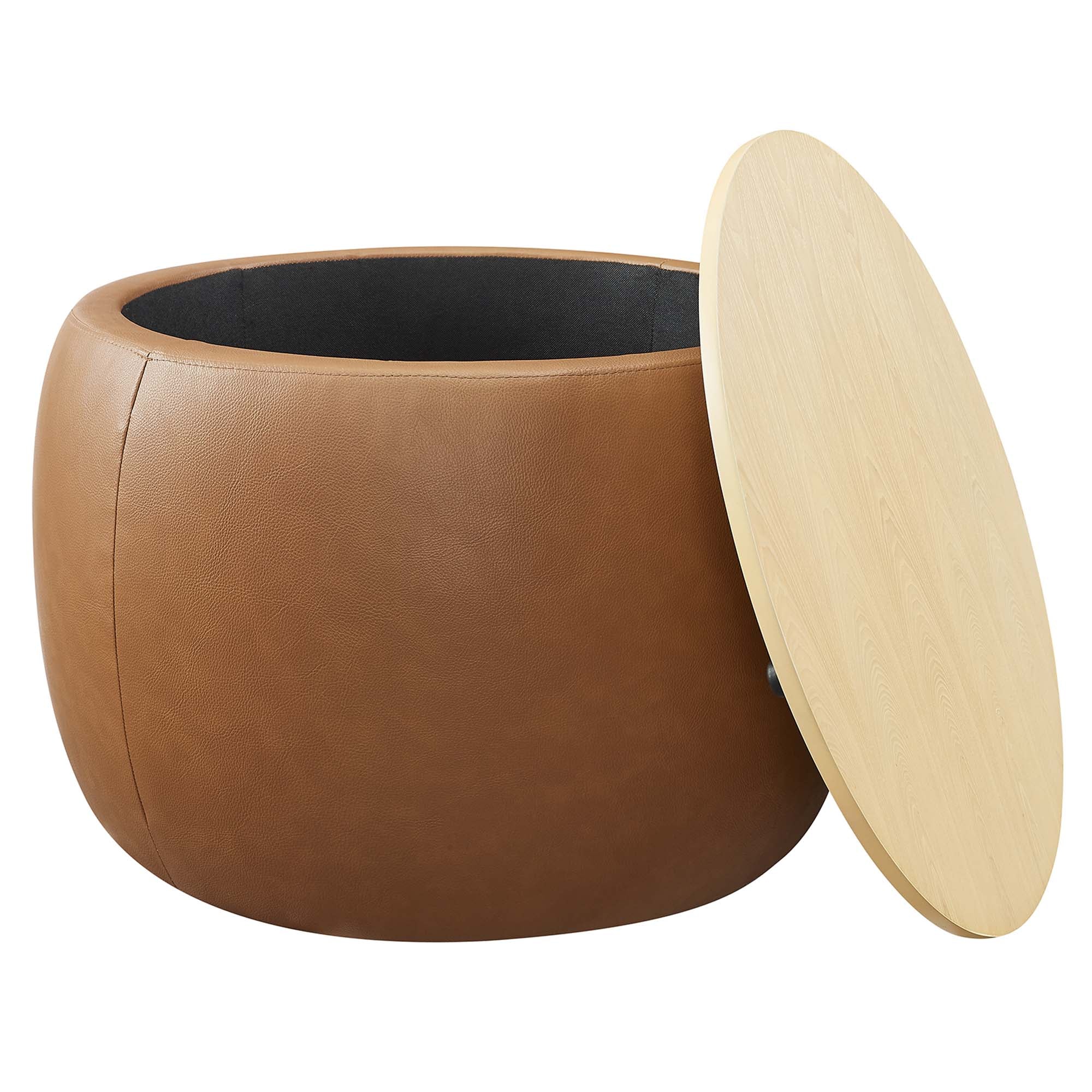 Perla Round Vegan Leather Storage Ottoman, Tan