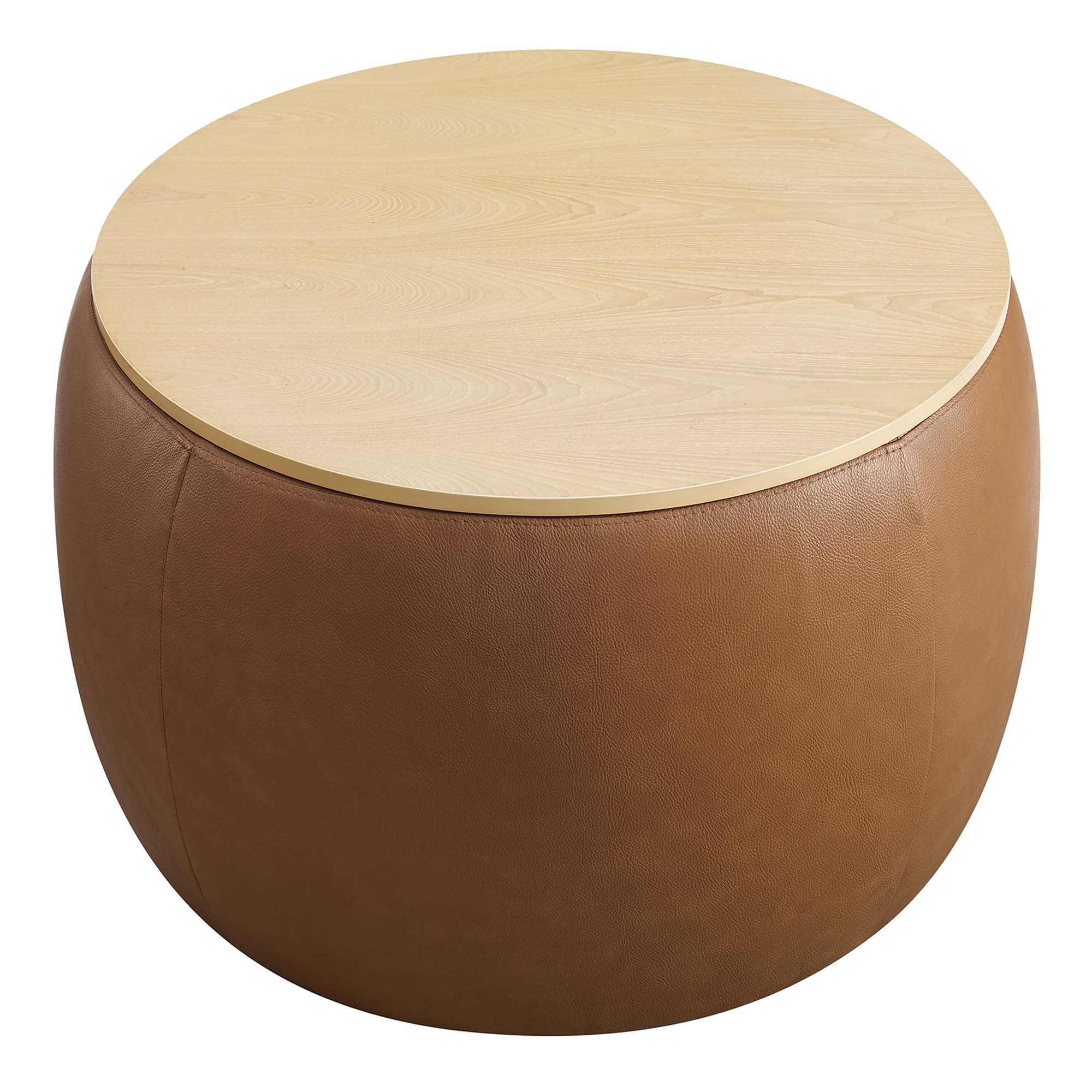 Perla Round Vegan Leather Storage Ottoman, Tan