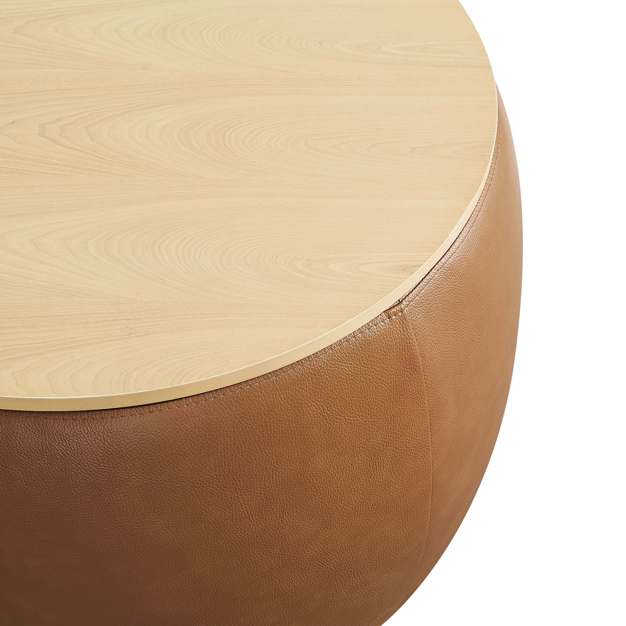Perla Round Vegan Leather Storage Ottoman, Tan