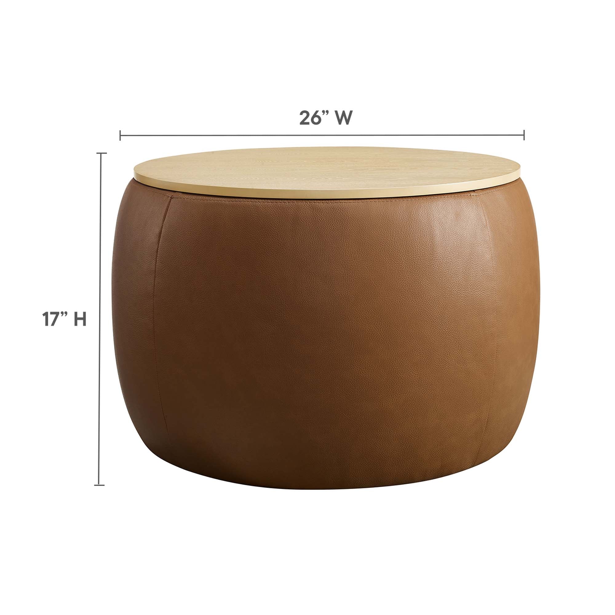 Perla Round Vegan Leather Storage Ottoman, Tan