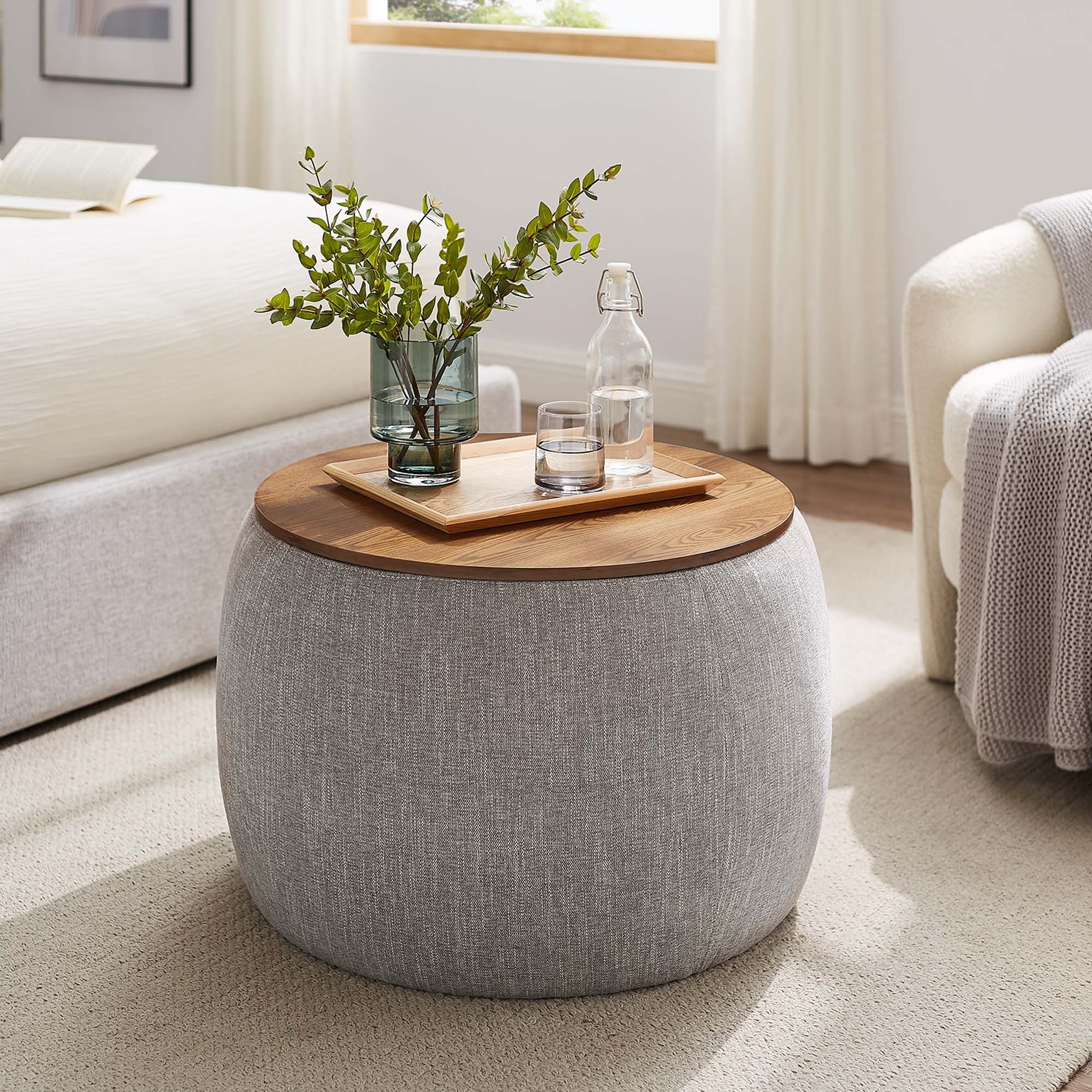 Perla Woven Heathered Fabric Upholstered Storage Ottoman, Heathered Weave Wheat