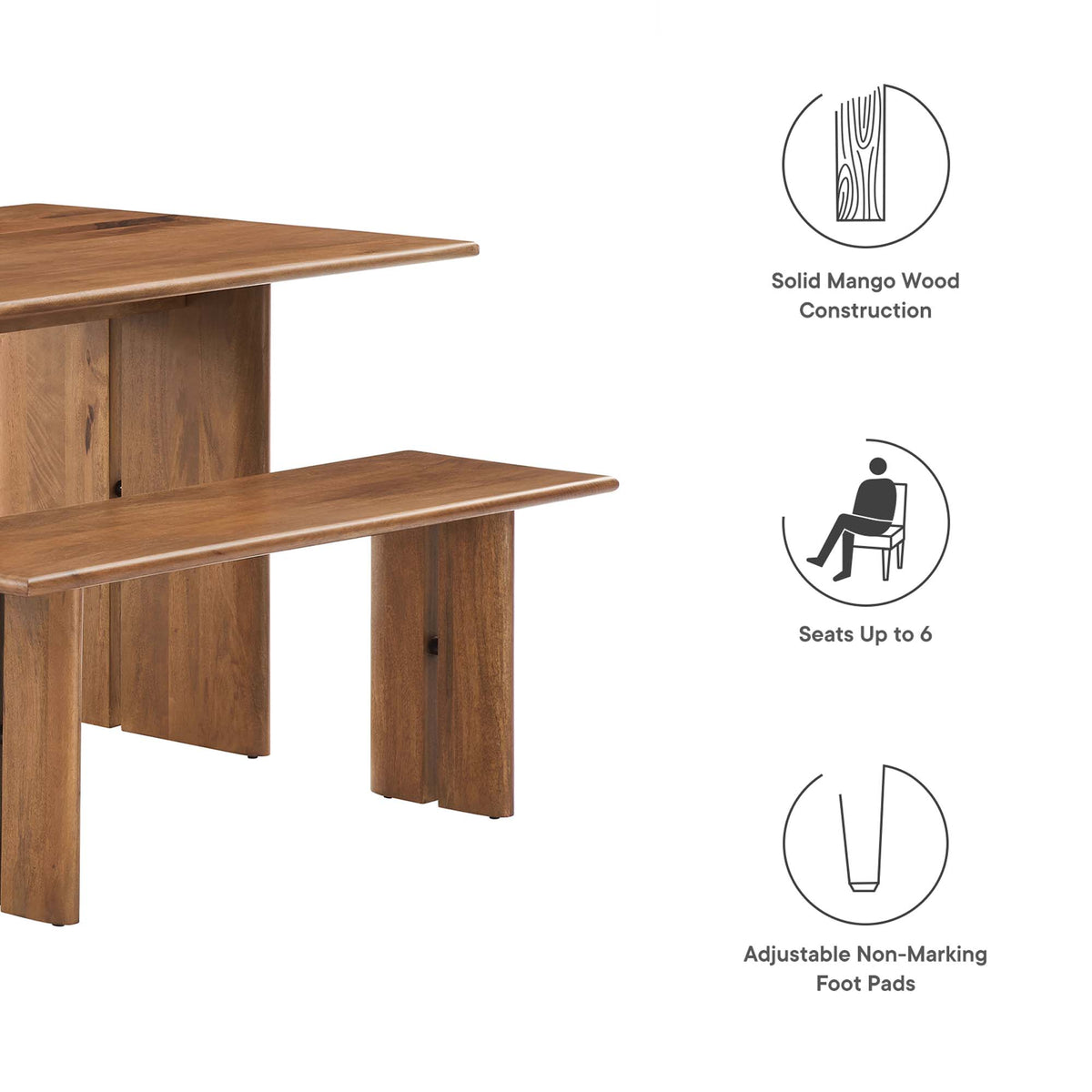Amistad 60" Wood Dining Table and Bench Set, Walnut