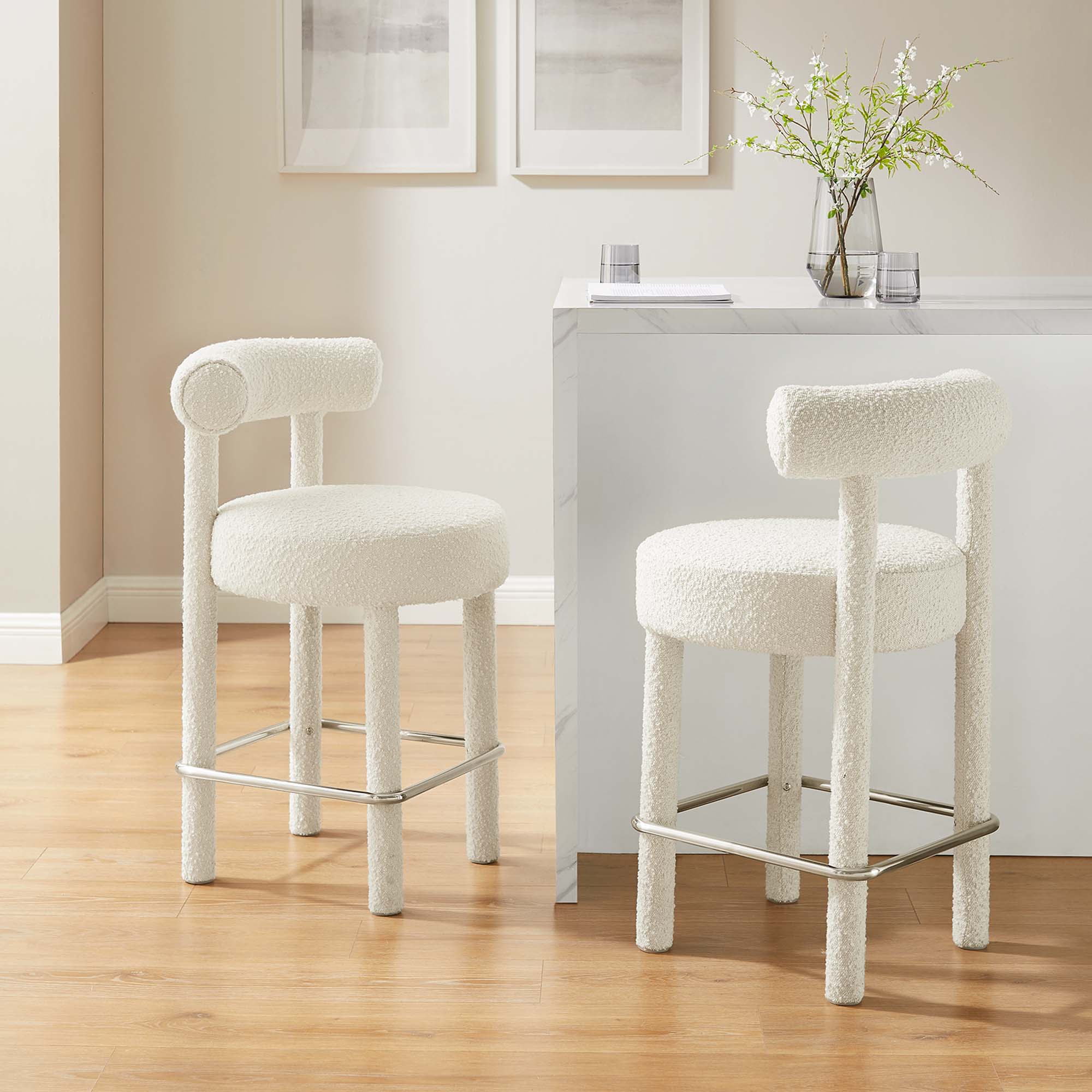 Toulouse Boucle Fabric Counter Stool Set of 2, Ivory Silver