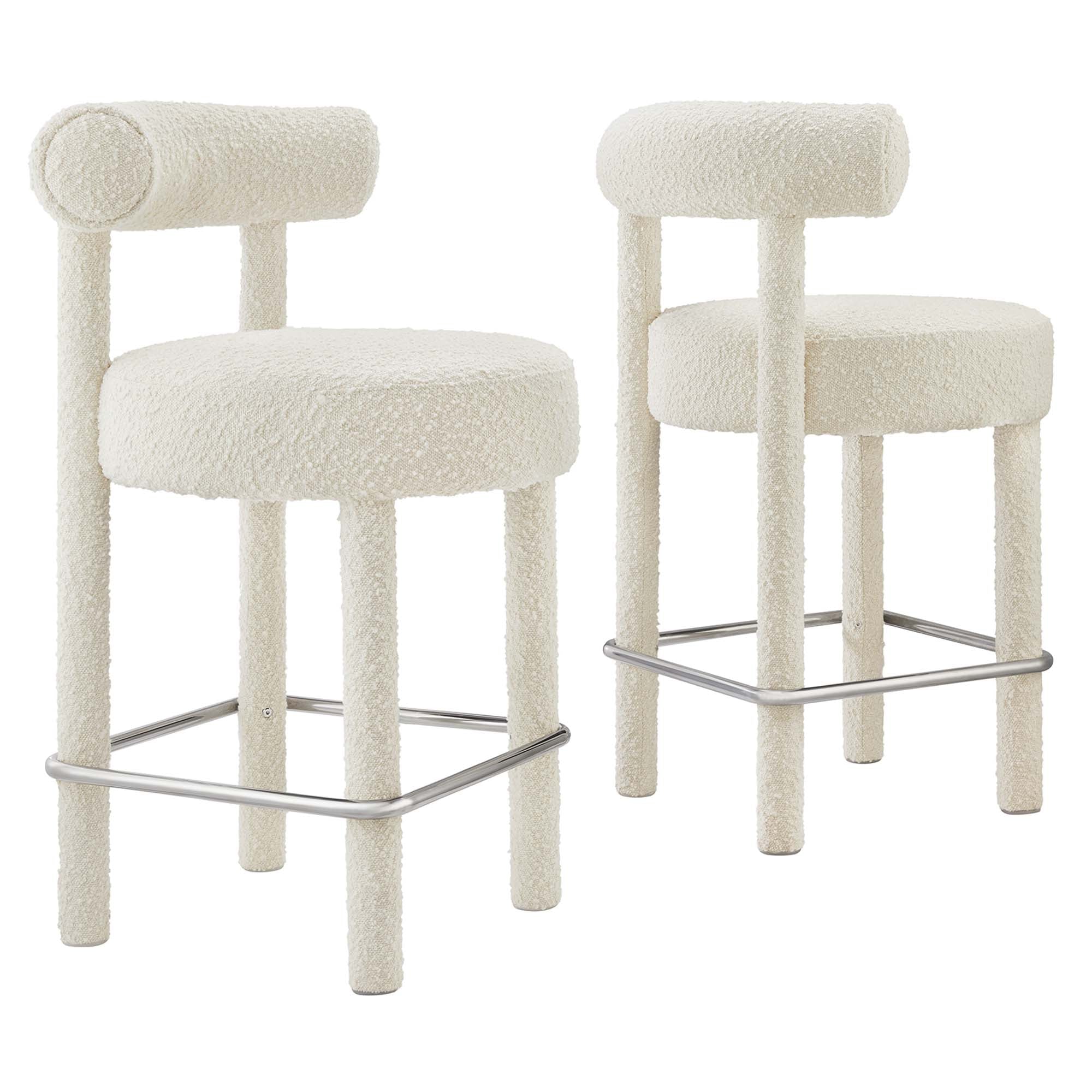 Toulouse Boucle Fabric Counter Stool Set of 2, Ivory Silver