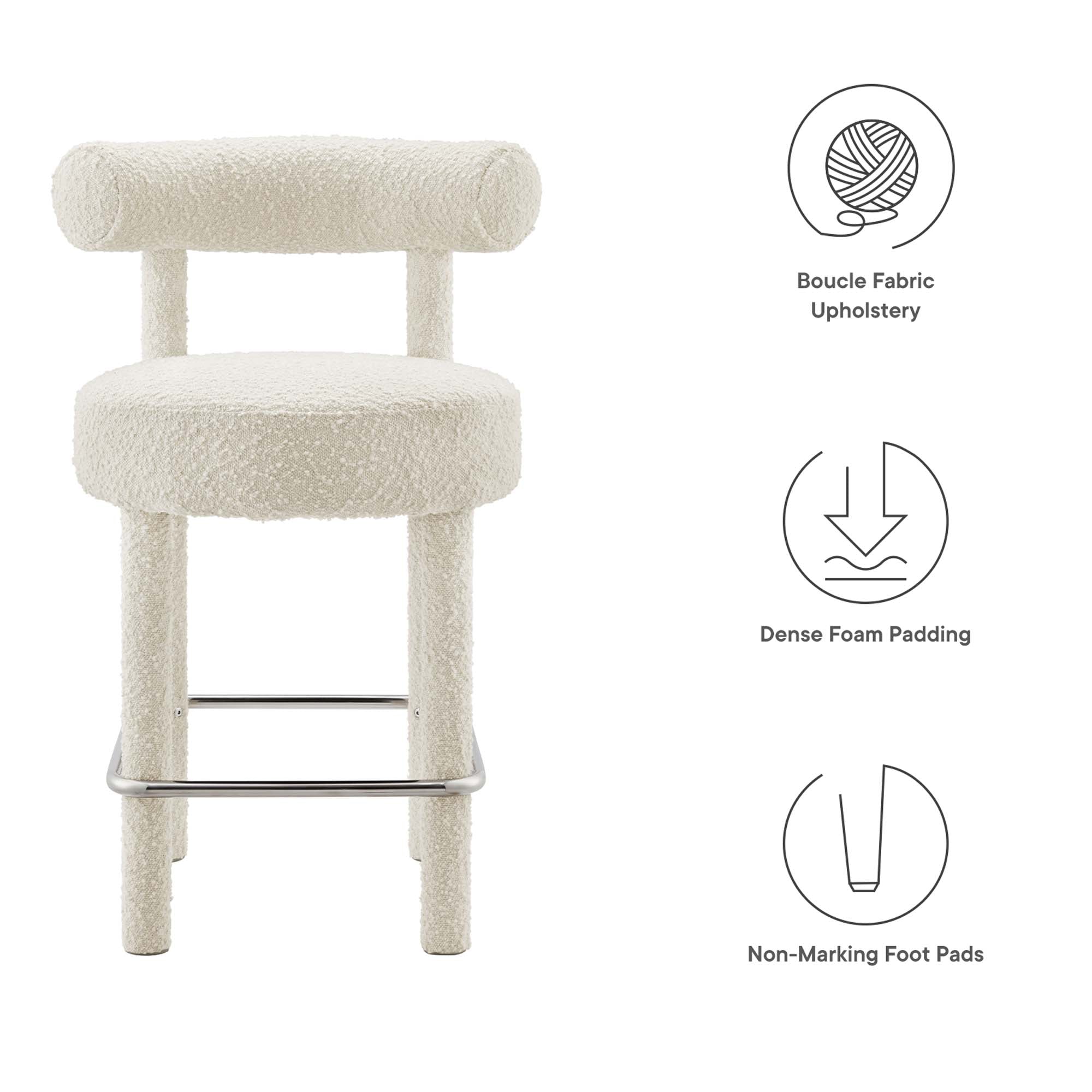 Toulouse Boucle Fabric Counter Stool Set of 2, Ivory Silver