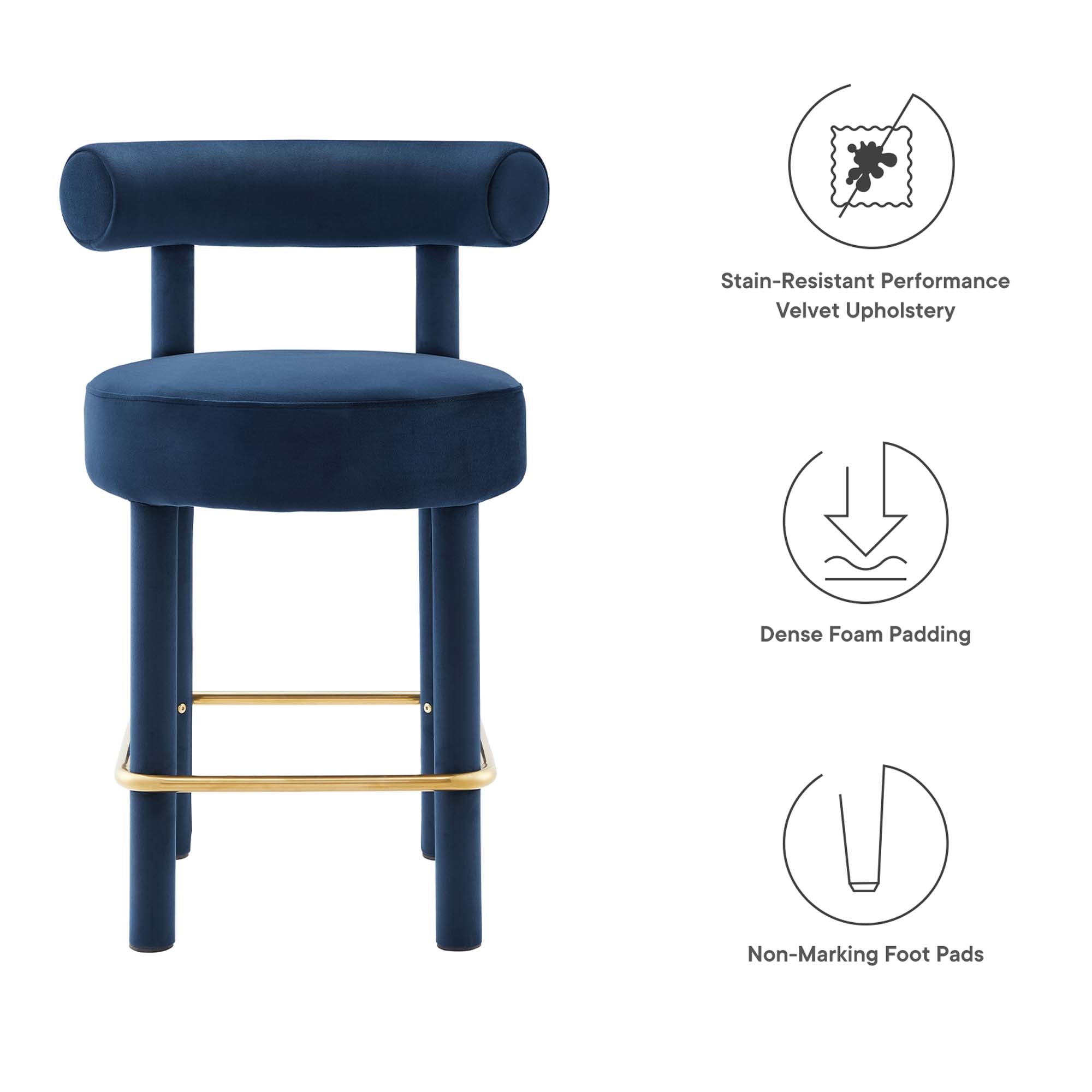 Toulouse Performance Velvet Counter Stool Set of 2, Midnight Blue Gold