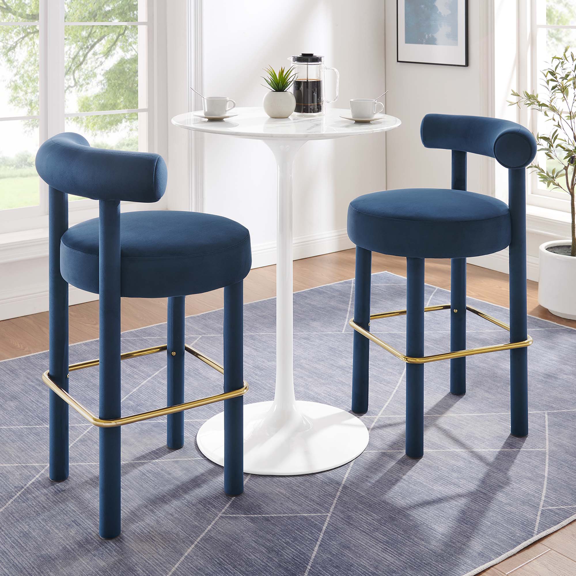 Toulouse Performance Velvet Bar Stool Set of 2, Midnight Blue Gold