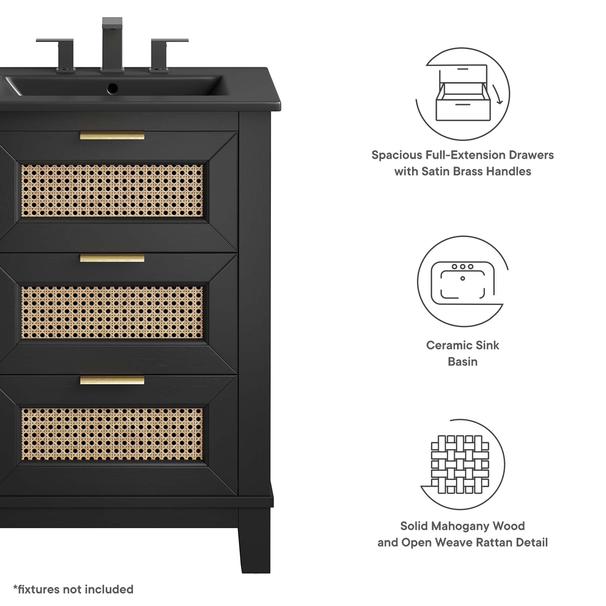 Dixie 24" Solid Wood Bathroom Vanity Cabinet, Black Black