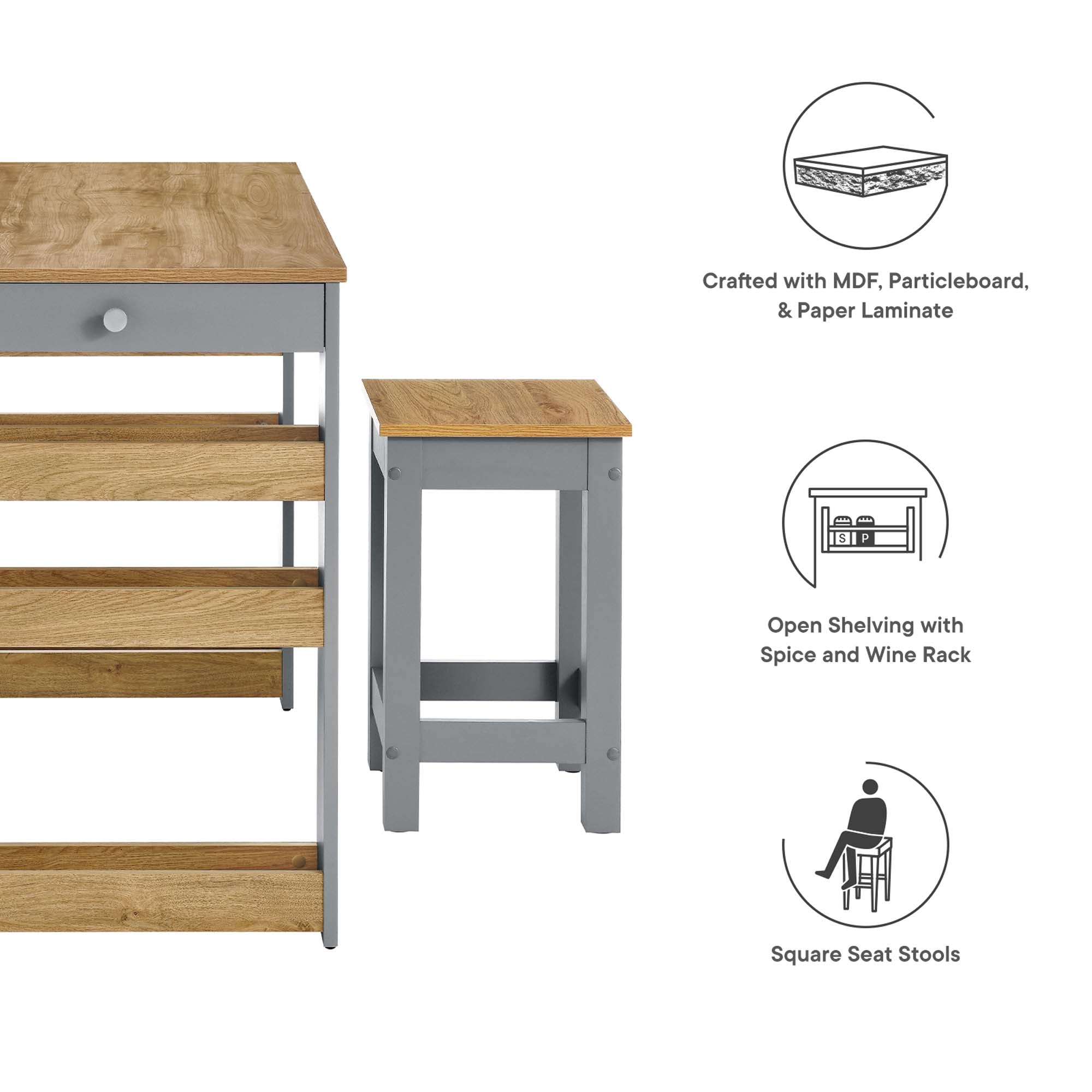 Galley 3-Piece Kitchen Island and Stool Set, Oak Gray