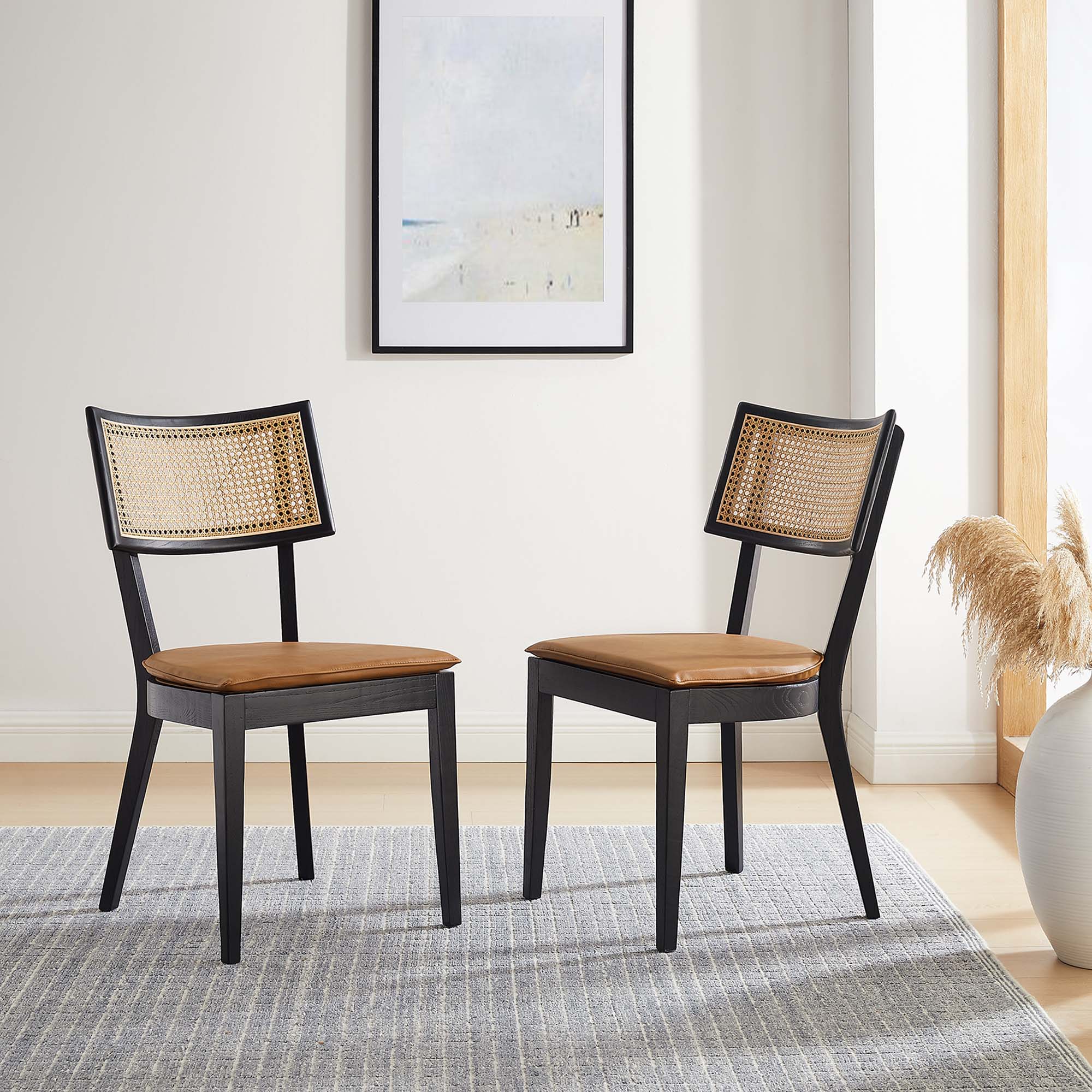 Caledonia Vegan Leather Upholstered Wood Dining Chairs Set of 2, Black Tan