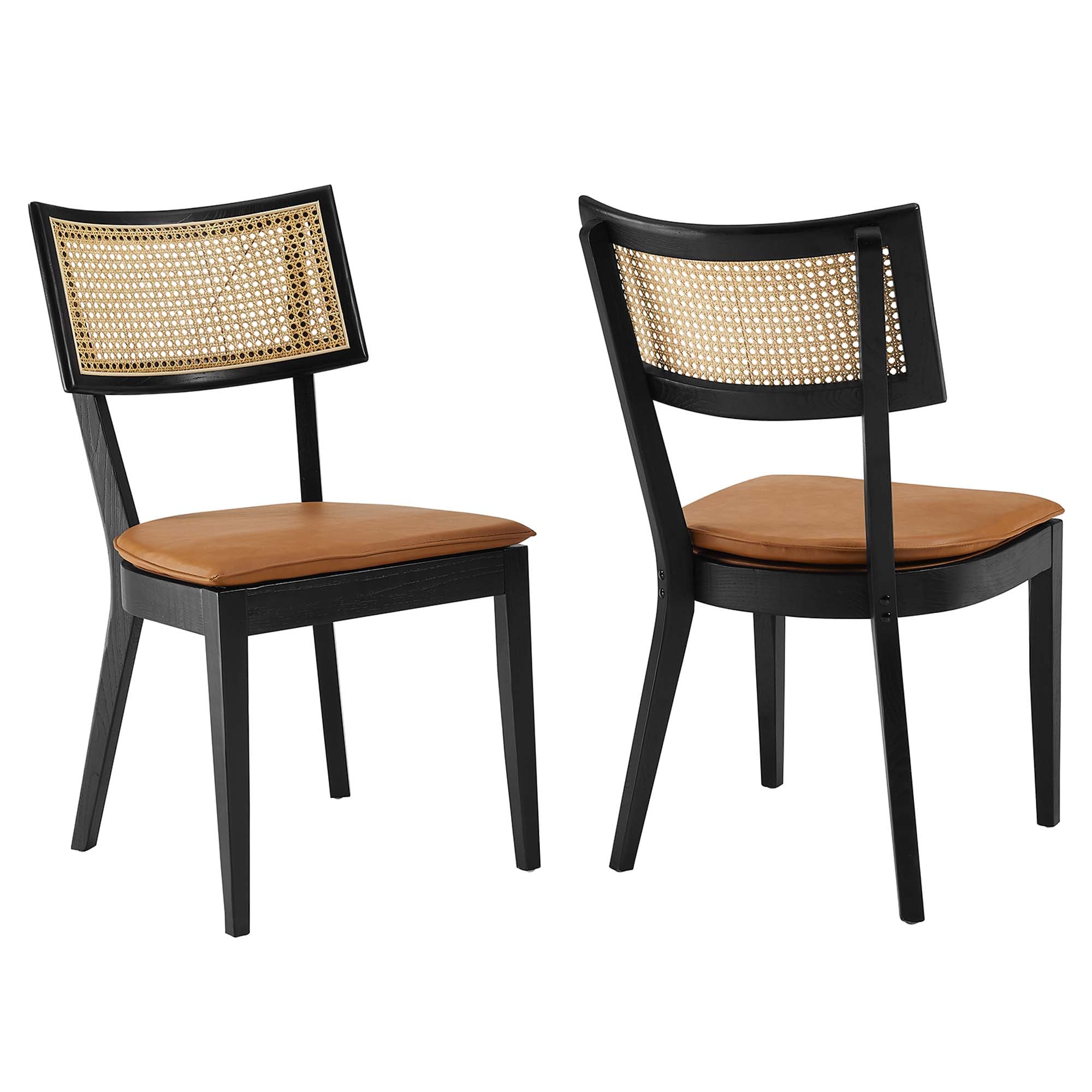 Caledonia Vegan Leather Upholstered Wood Dining Chairs Set of 2, Black Tan