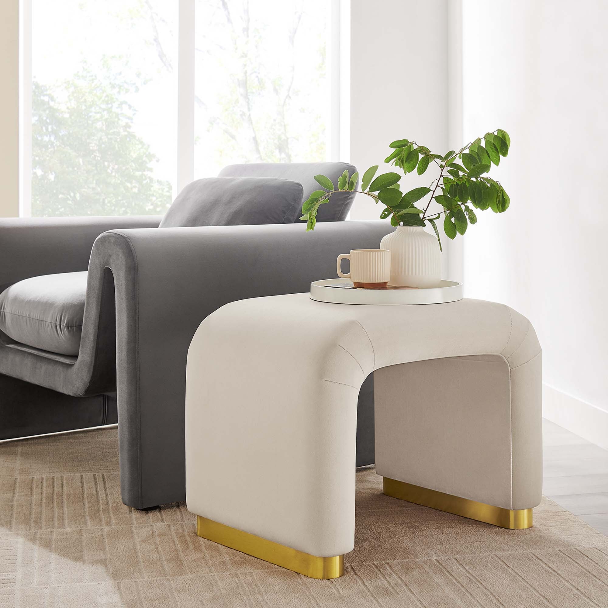 Koda Performance Velvet Waterfall Stool, Brass Almond