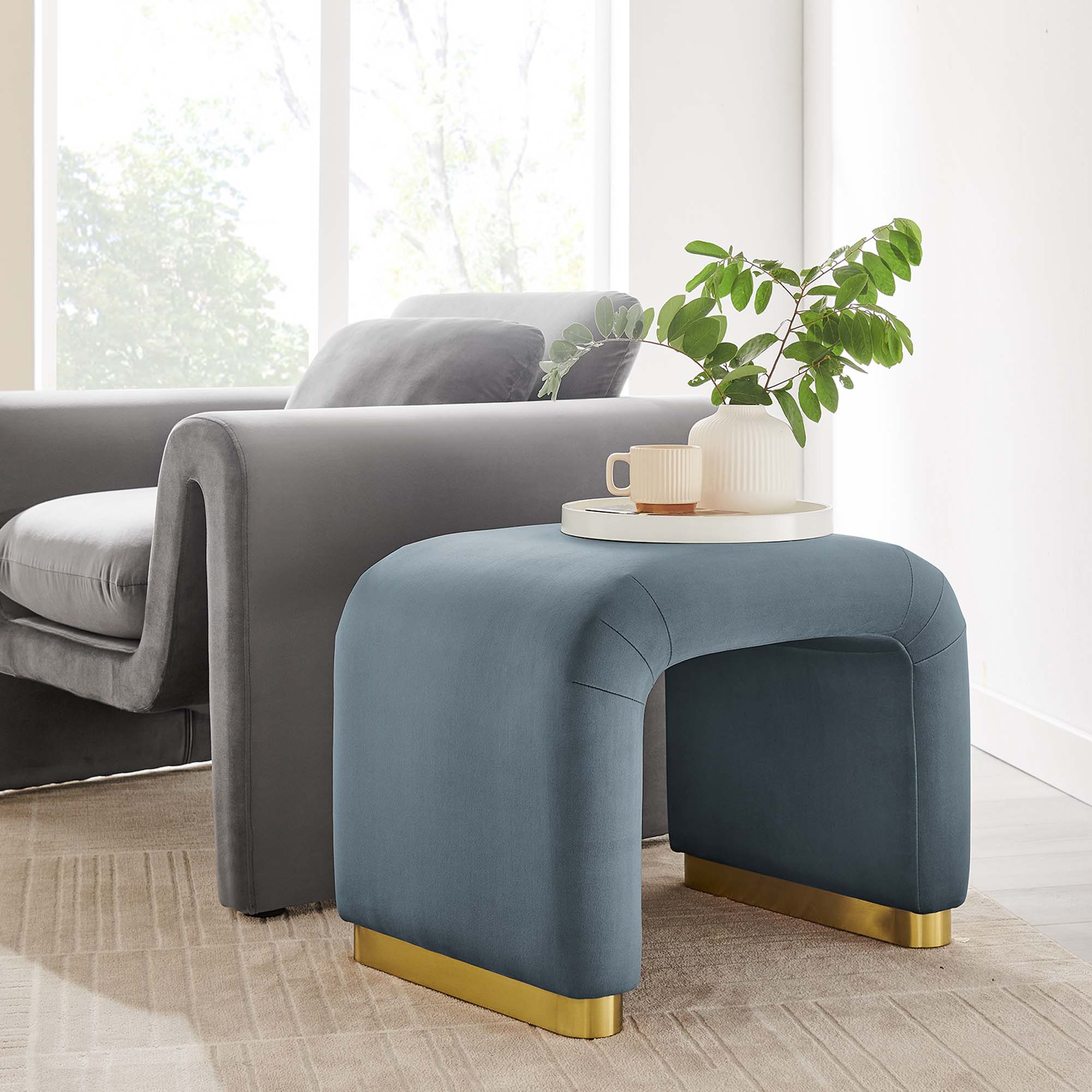 Koda Performance Velvet Waterfall Stool, Brass Cadet Blue
