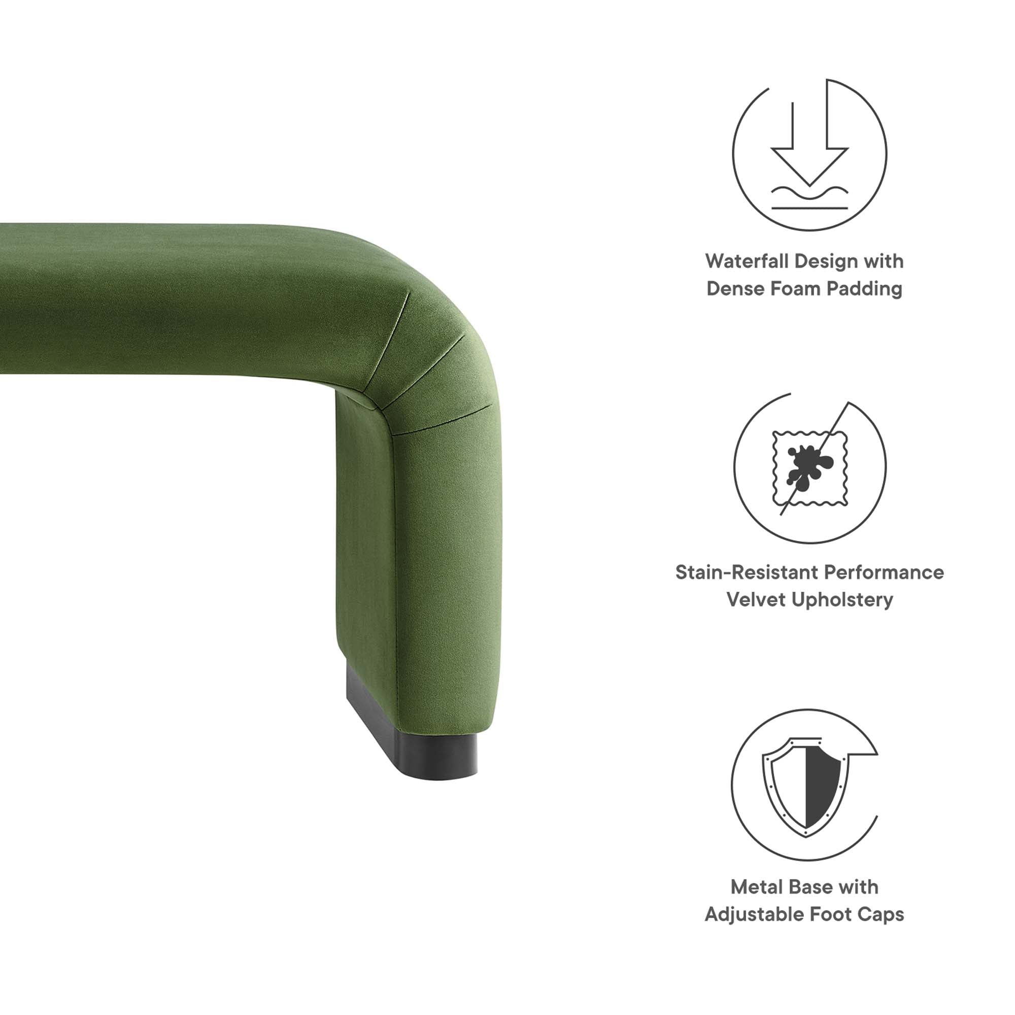 Koda Performance Velvet Waterfall Long Bench, Black Moss Green