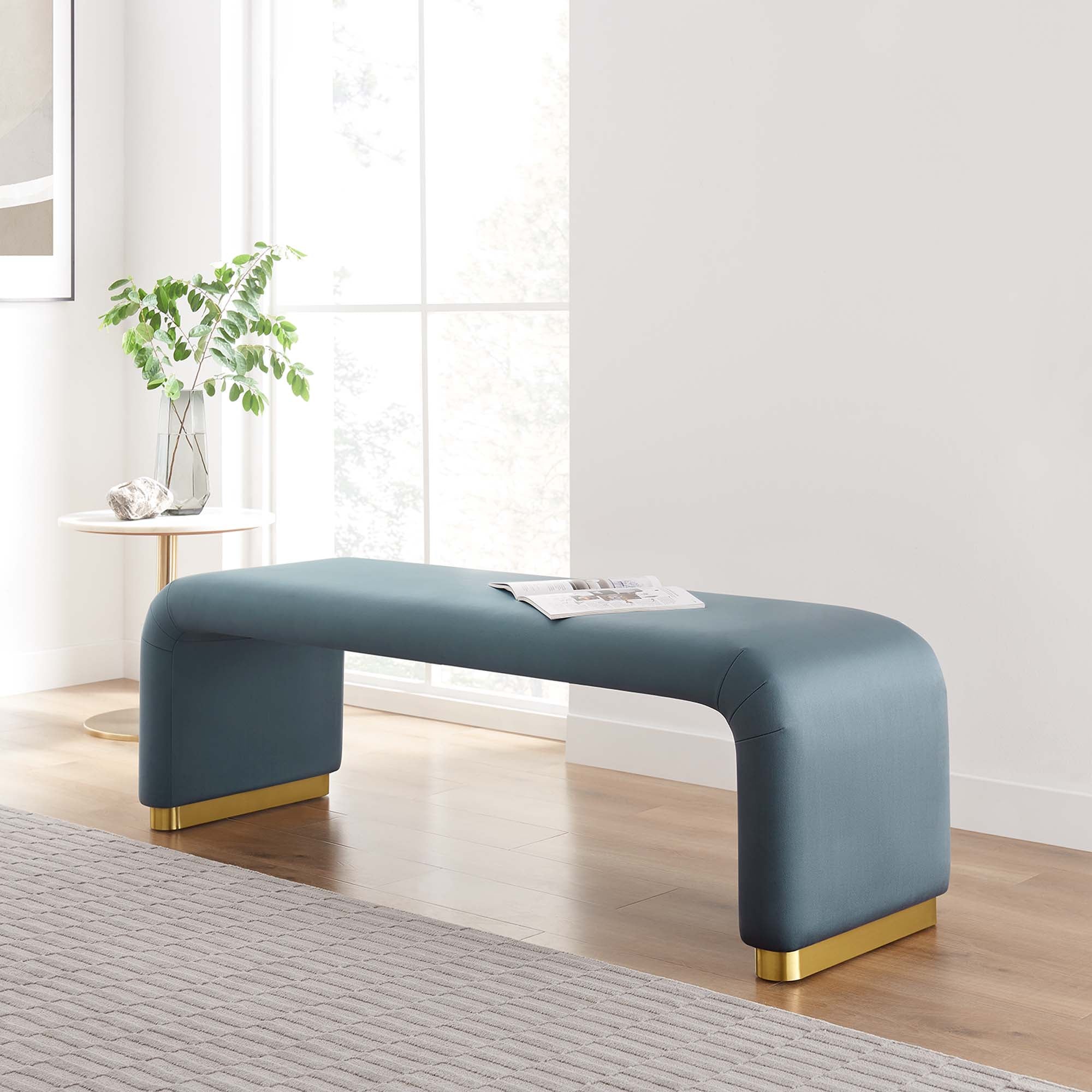 Koda Performance Velvet Waterfall Long Bench, Brass Cadet Blue