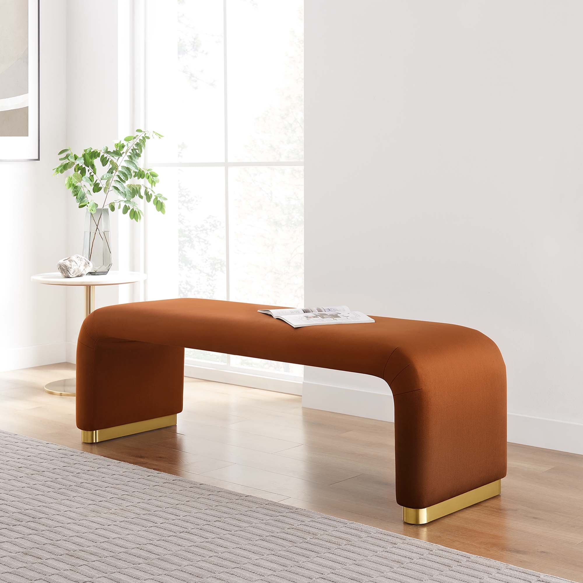 Koda Performance Velvet Waterfall Long Bench, Brass Rust