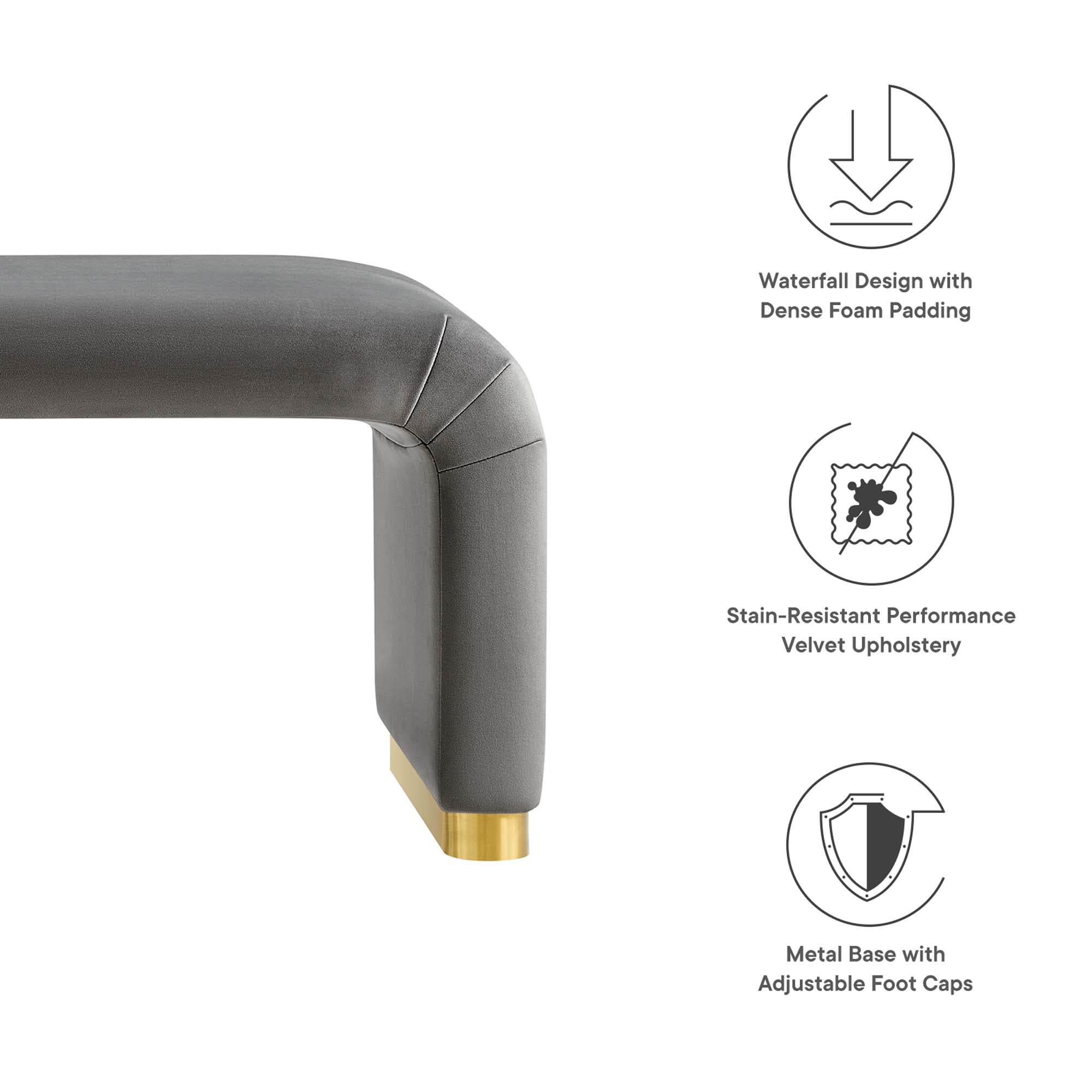 Koda Performance Velvet Waterfall Long Bench, Brass Storm Gray