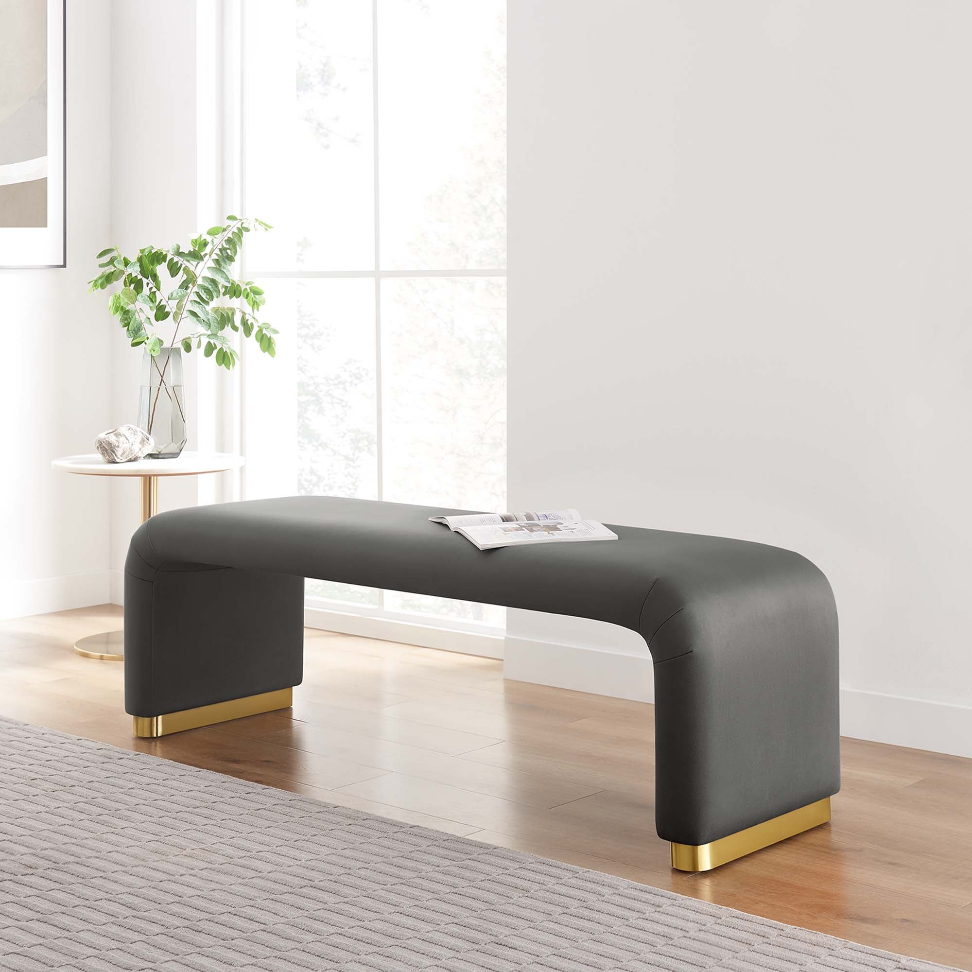 Koda Performance Velvet Waterfall Long Bench, Brass Storm Gray