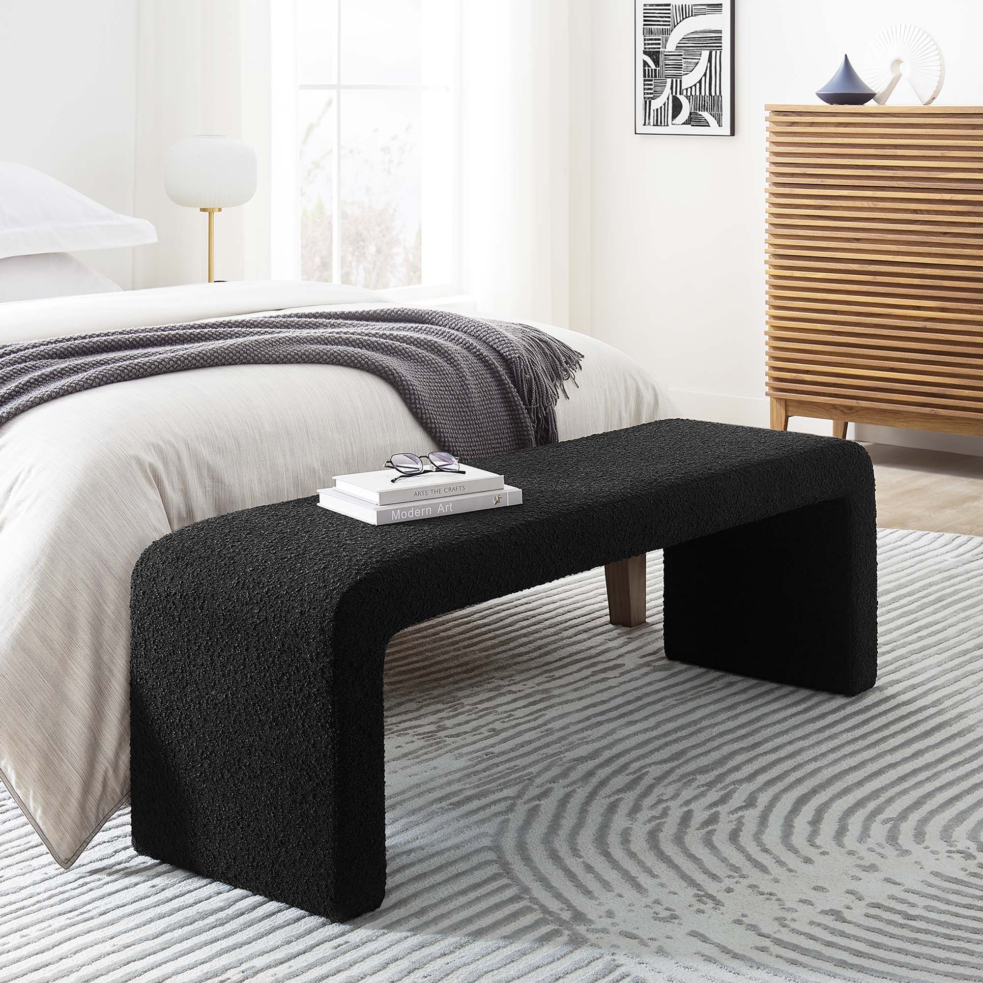 Simba Boucle Fabric Waterfall Long Bench, Black