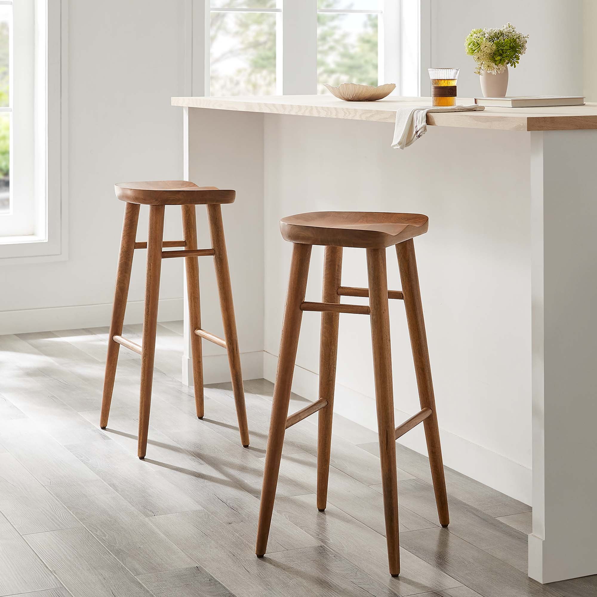 Saville Backless Wood Bar Stools Set of 2, Walnut