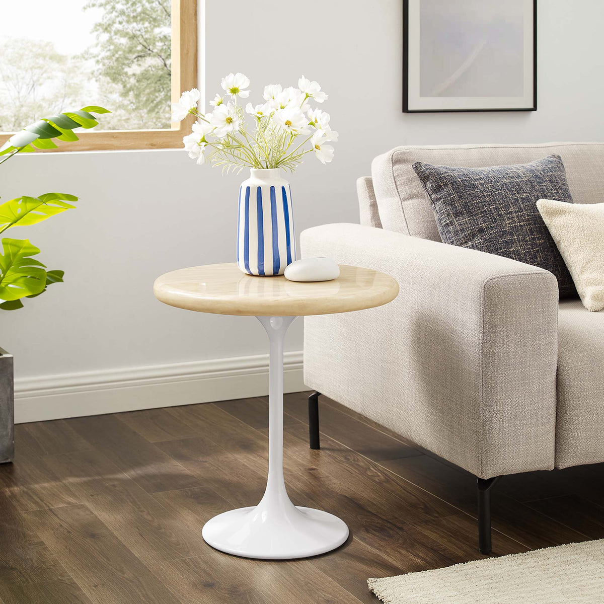 Lippa 20" Round Faux Travertine Side Table, White Travertine