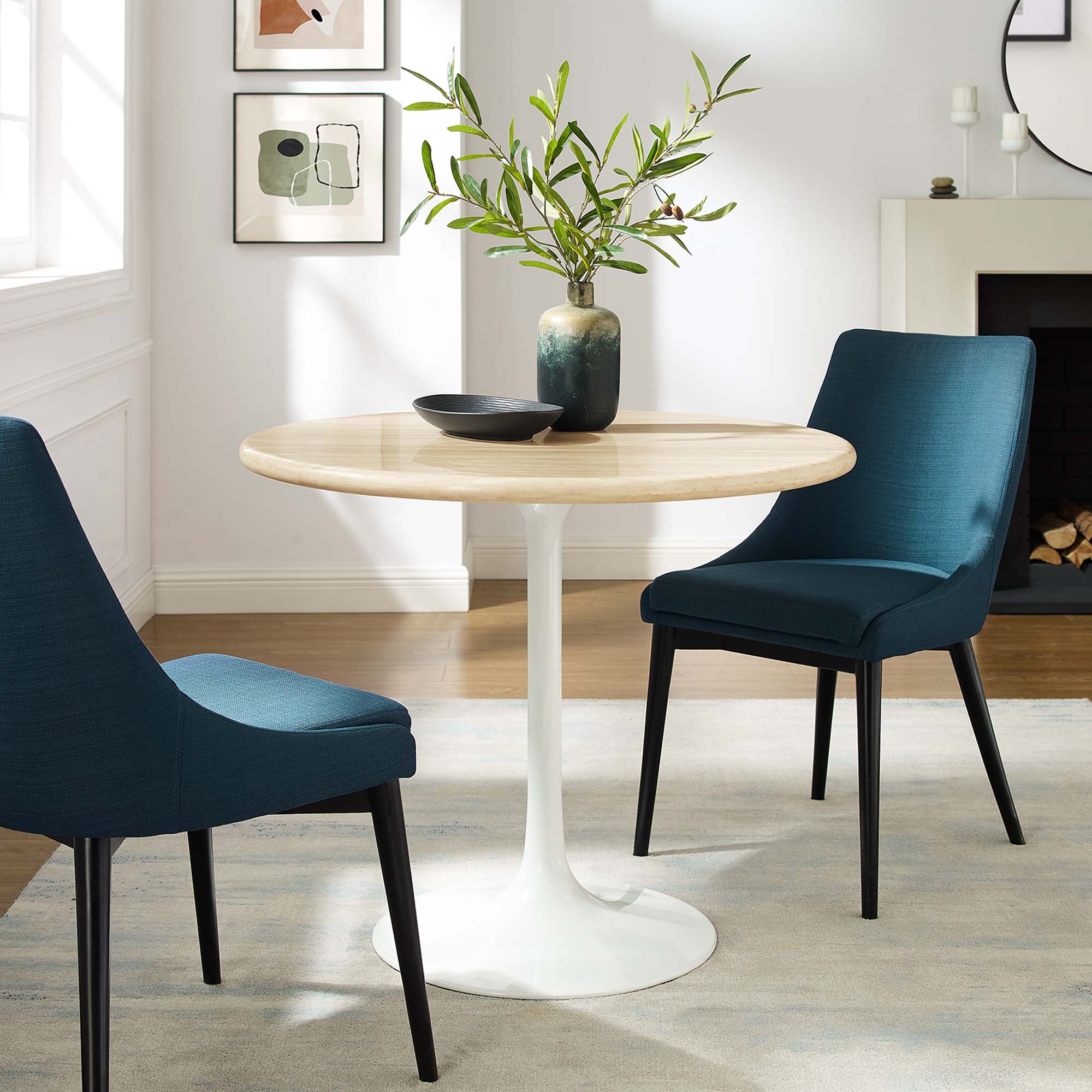 Lippa 36" Round Faux Travertine Dining Table, White Travertine