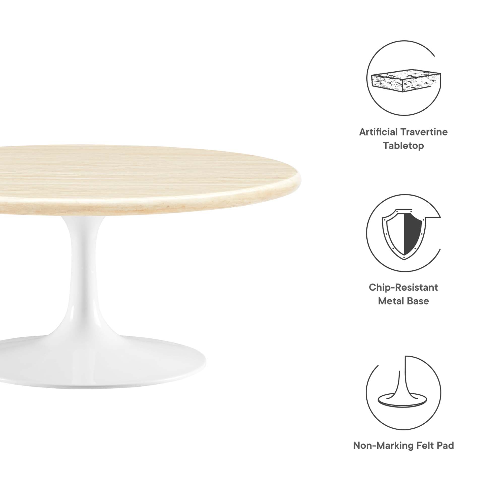 Lippa 36" Round Faux Travertine Coffee Table, White Travertine