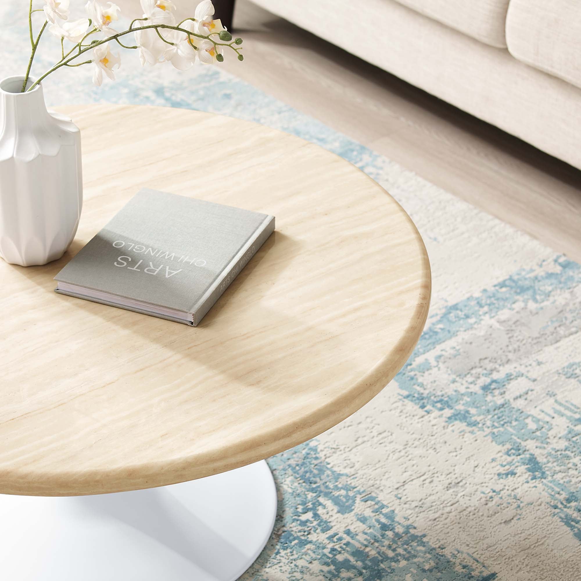 Lippa 36" Round Faux Travertine Coffee Table, White Travertine