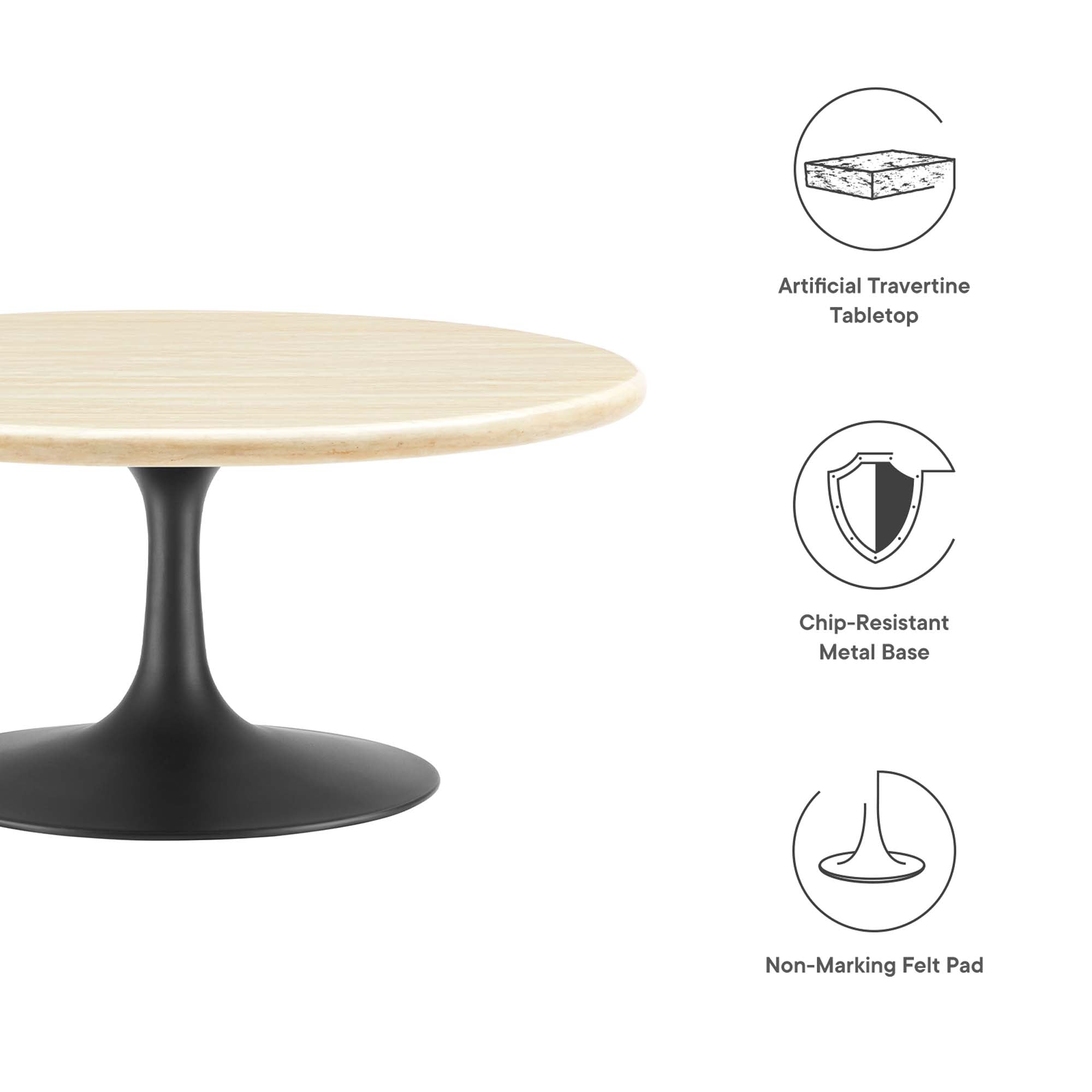 Lippa 36" Round Faux Travertine Coffee Table, Black Travertine
