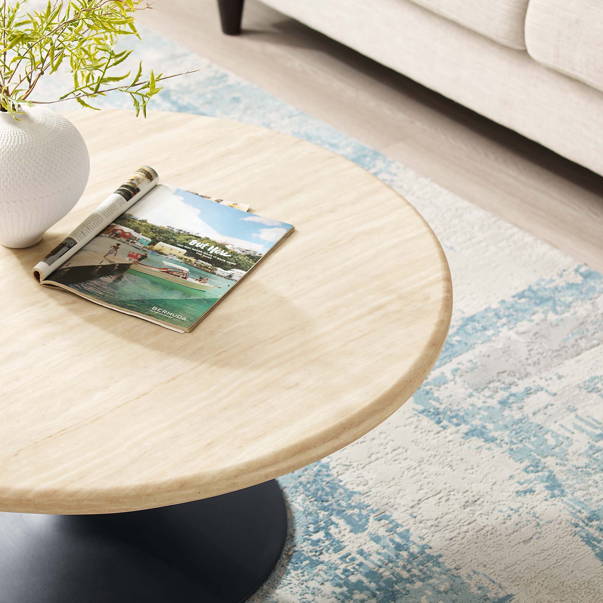 Lippa 36" Round Faux Travertine Coffee Table, Black Travertine