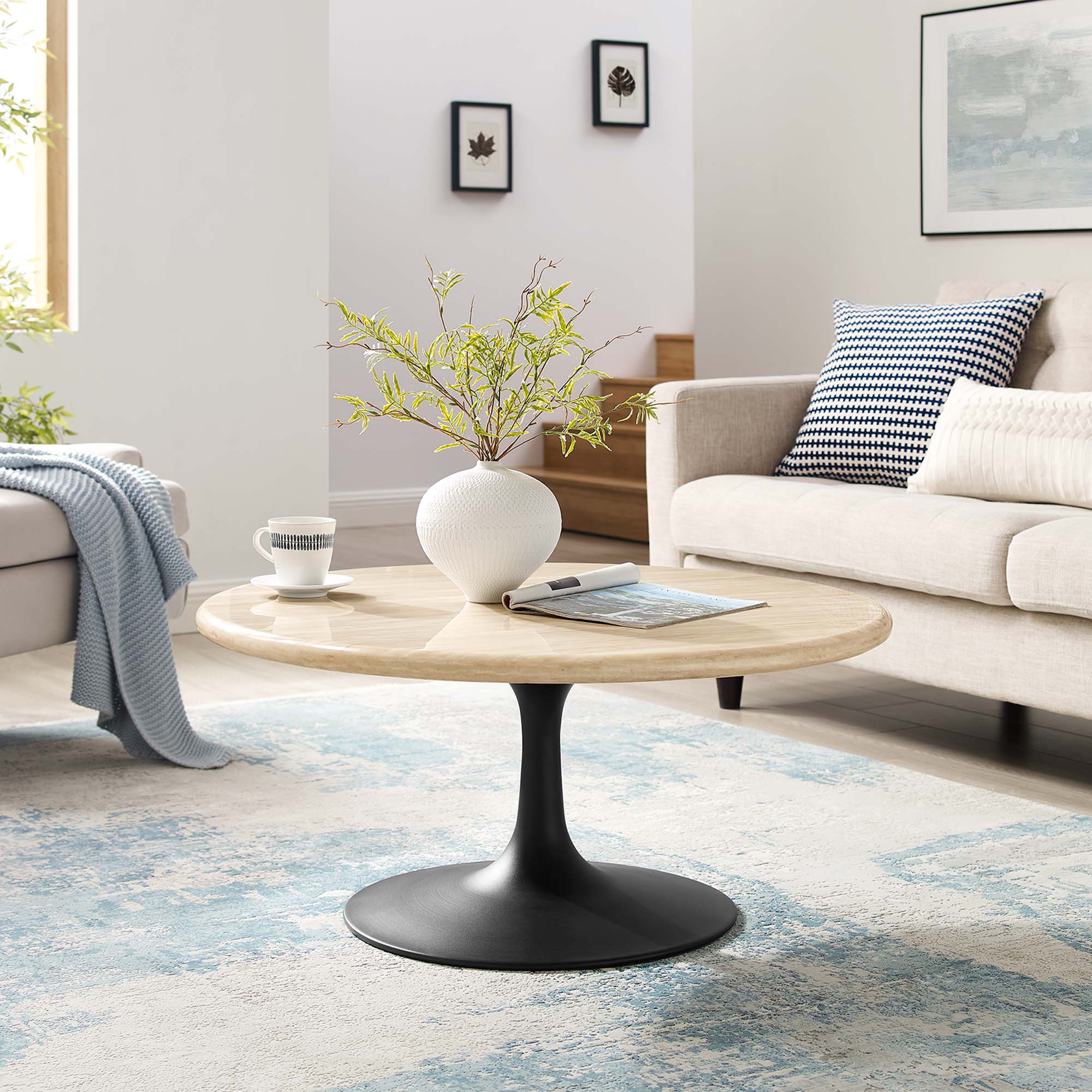 Lippa 36" Round Faux Travertine Coffee Table, Black Travertine