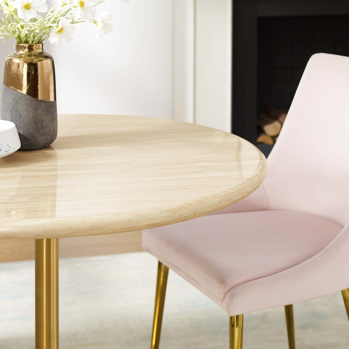 Lippa 36" Round Faux Travertine Dining Table, Gold Travertine