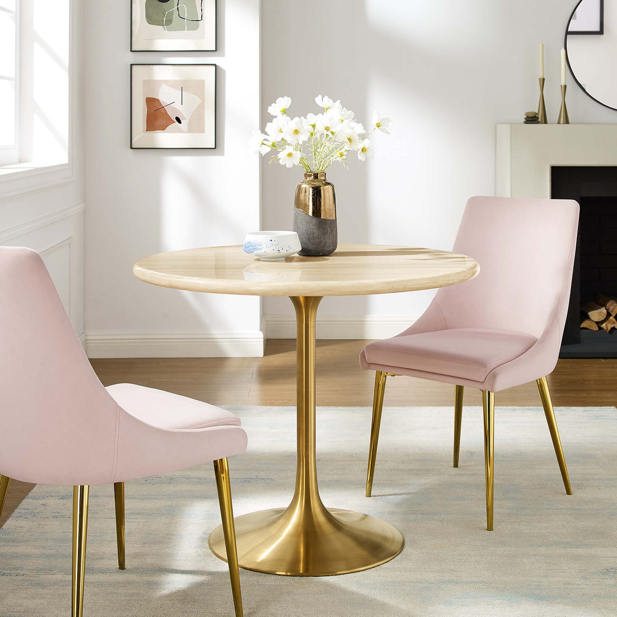 Lippa 36" Round Faux Travertine Dining Table, Gold Travertine
